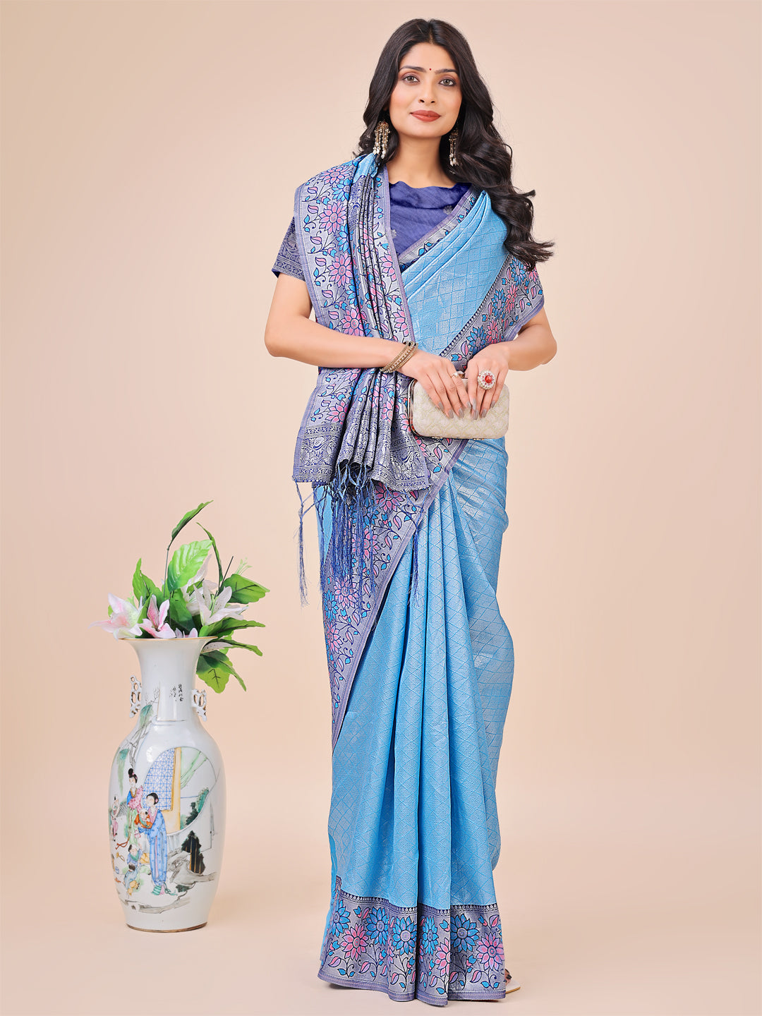 Sky Blue Lichi Silk Woven Designer Partywear Saree