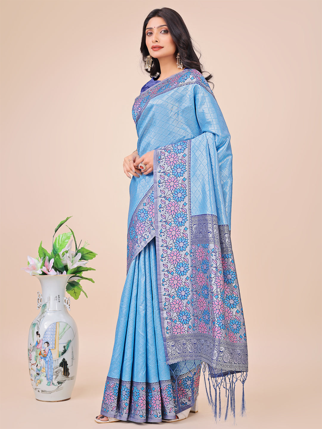 Sky Blue Lichi Silk Woven Designer Partywear Saree