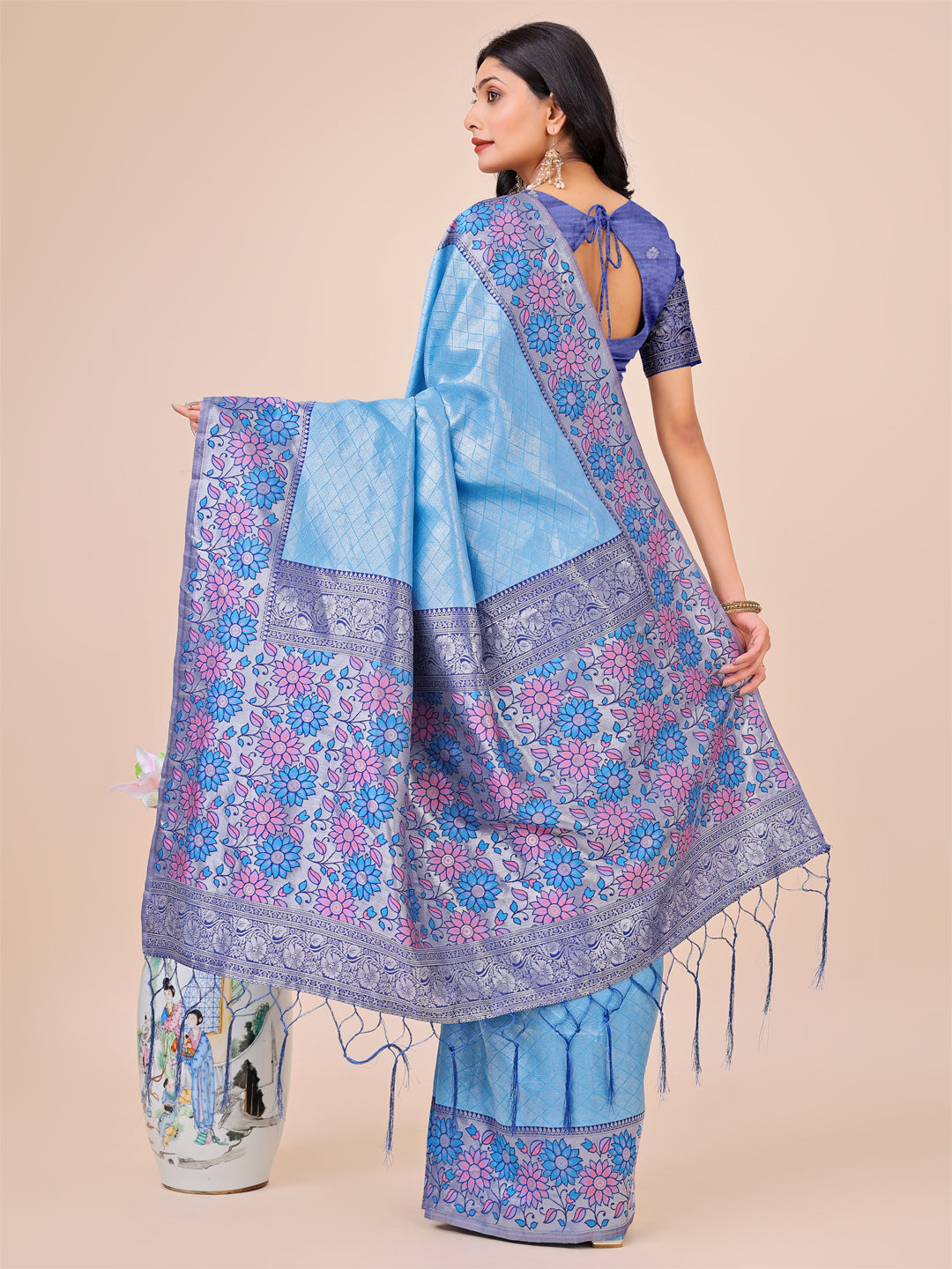 Sky Blue Lichi Silk Woven Designer Partywear Saree