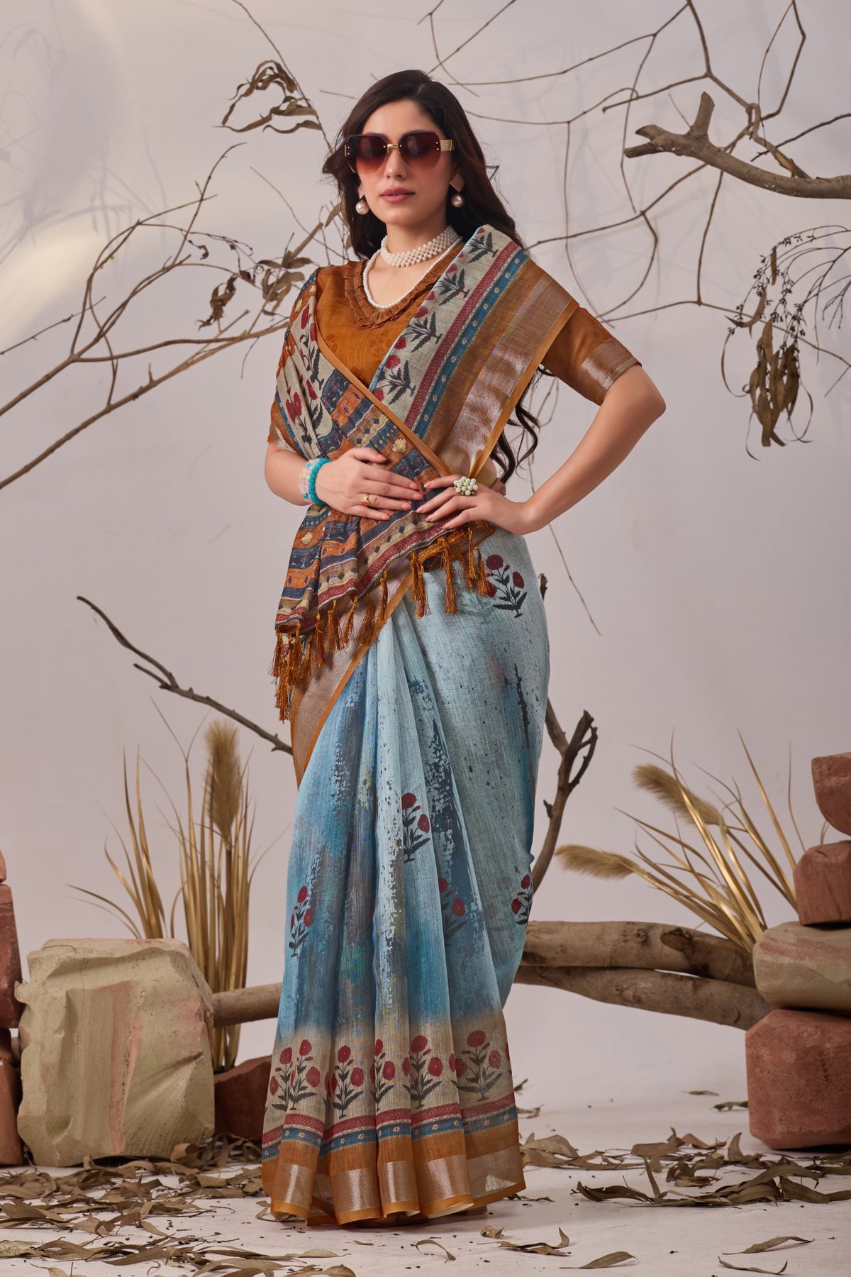 Sky Blue Linen Cotton Saree with Digital Print