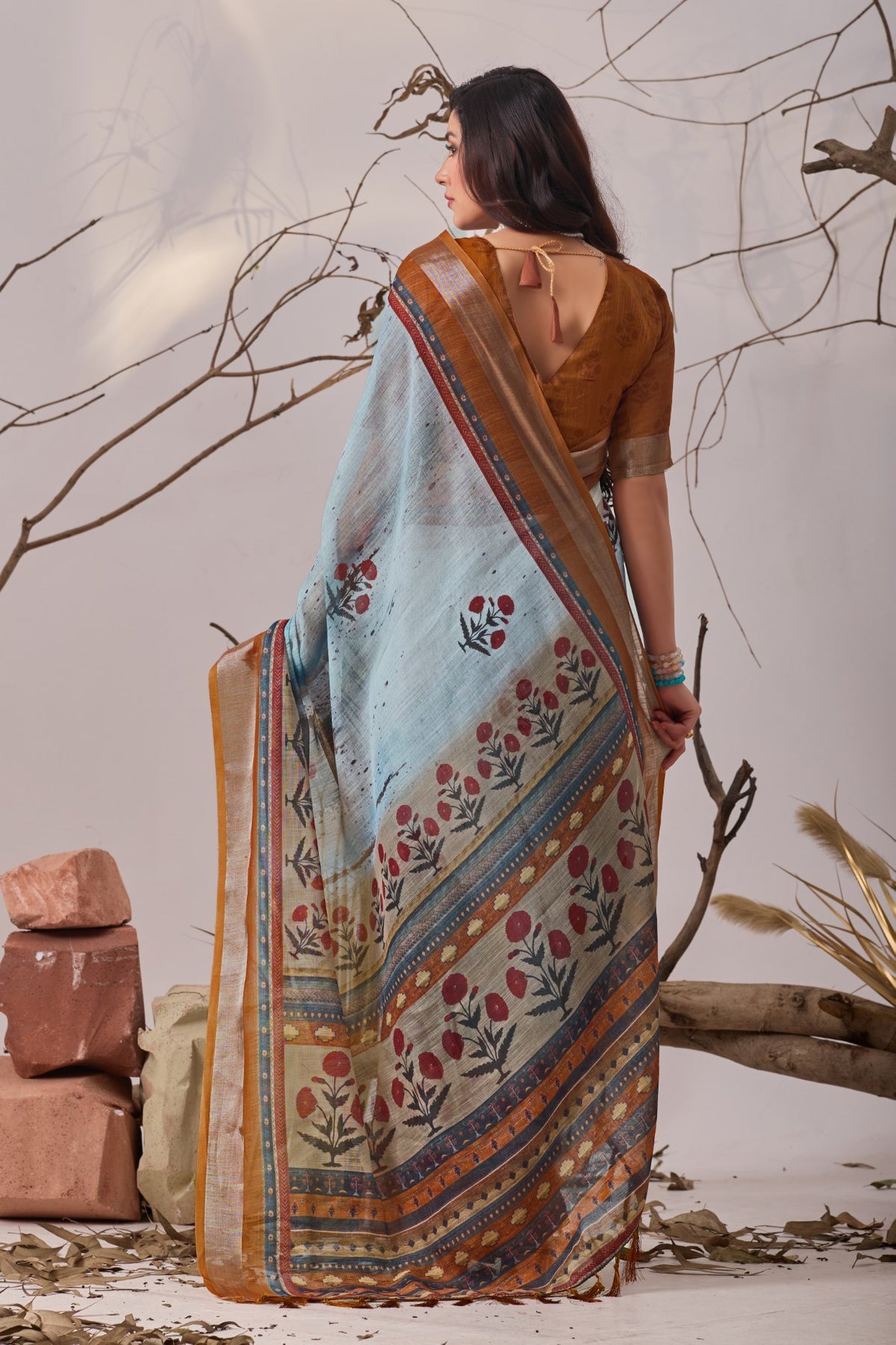 Sky Blue Linen Cotton Saree with Digital Print