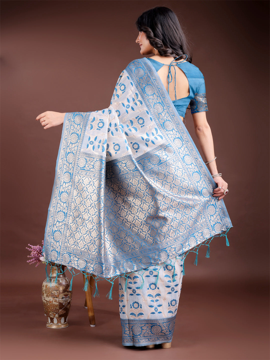 Sky Blue Linen Cotton Woven Jacquard Designer Beautiful Festive Saree