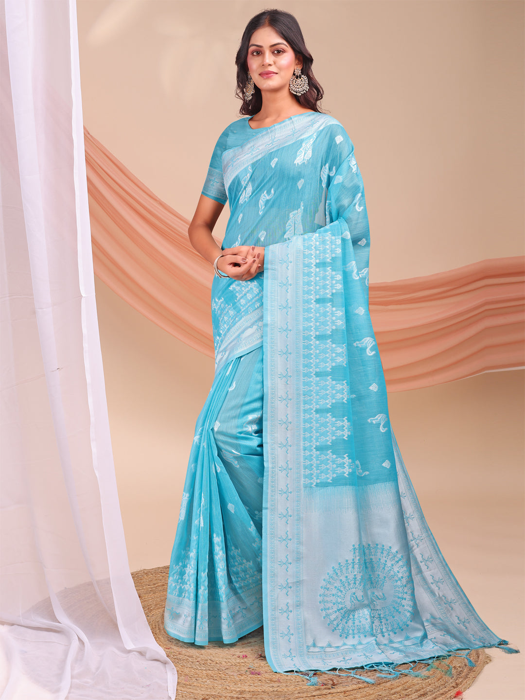 Sky Blue Linen Cotton Woven Jacquard Designer Beautiful Partywear Saree