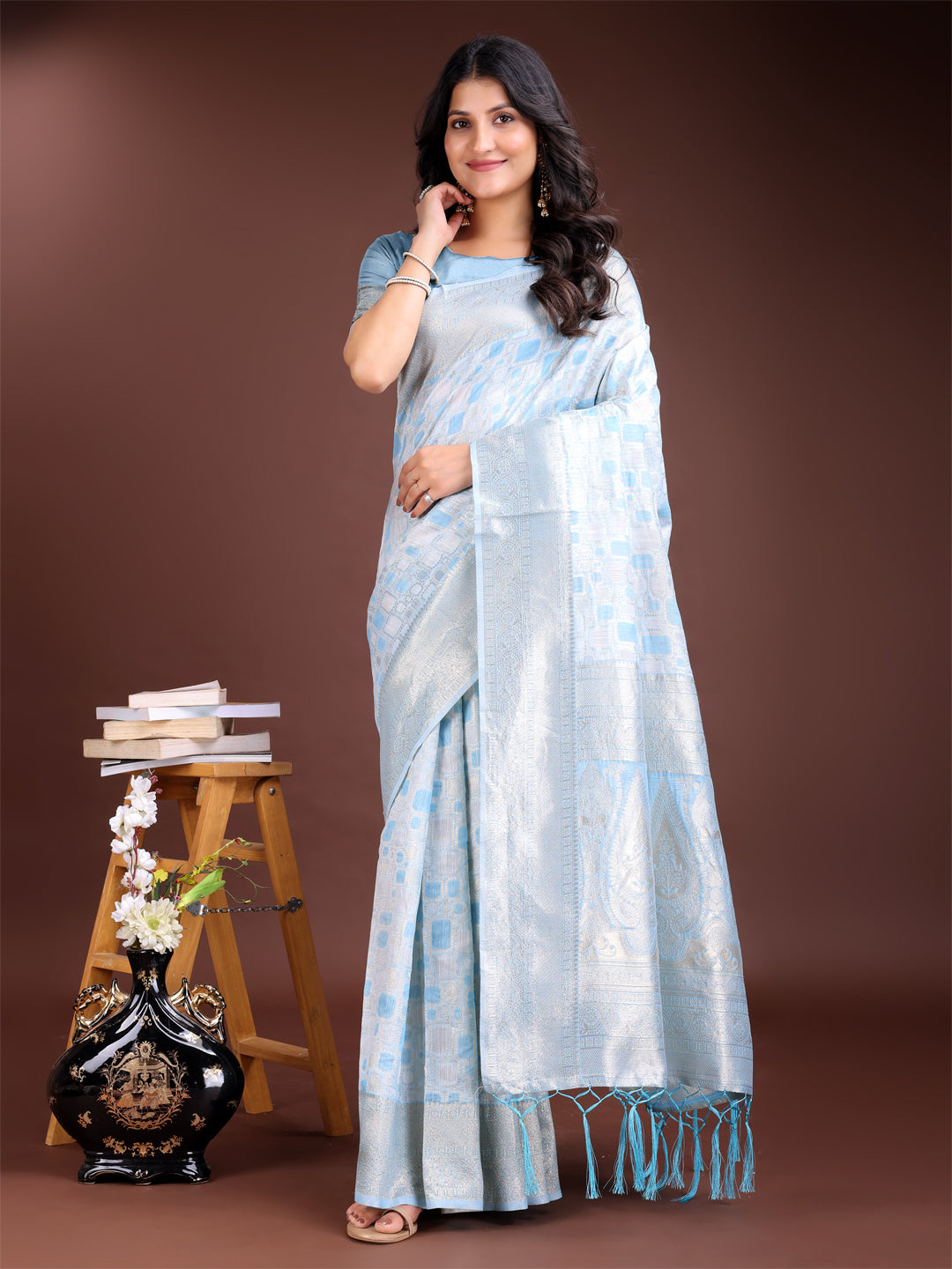 Sky Blue Linen Cotton Woven Jacquard Designer Ehtnic Partywear Girlie Looks Saree