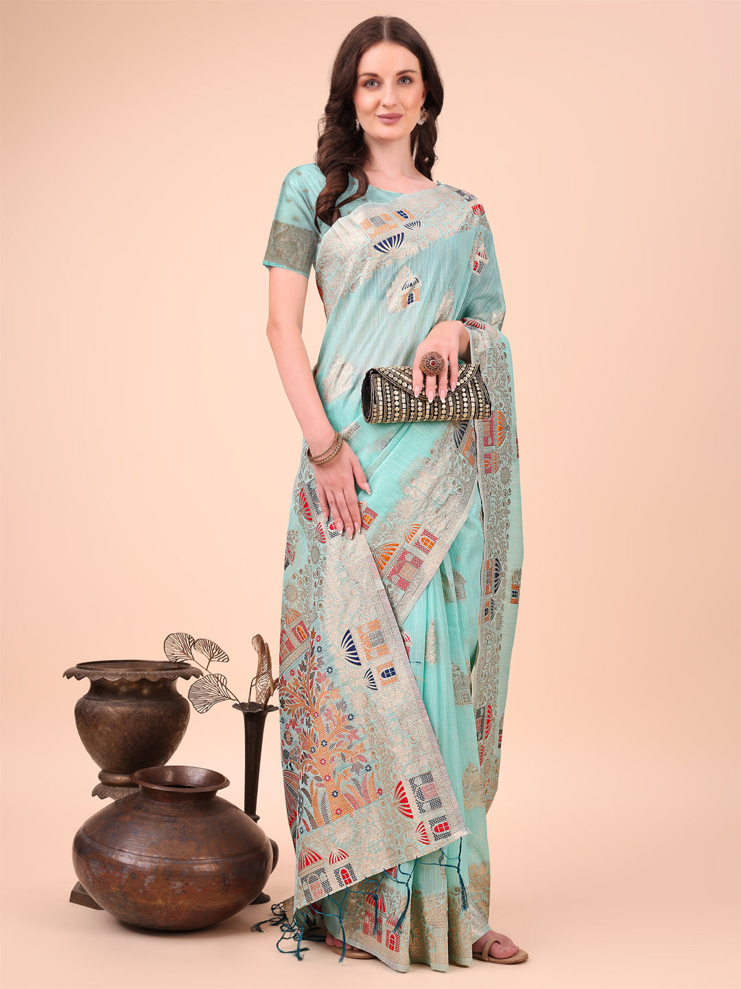 Sky Blue Linen Cotton Woven Jacquard Designer Ethnic Festive Wear Saree