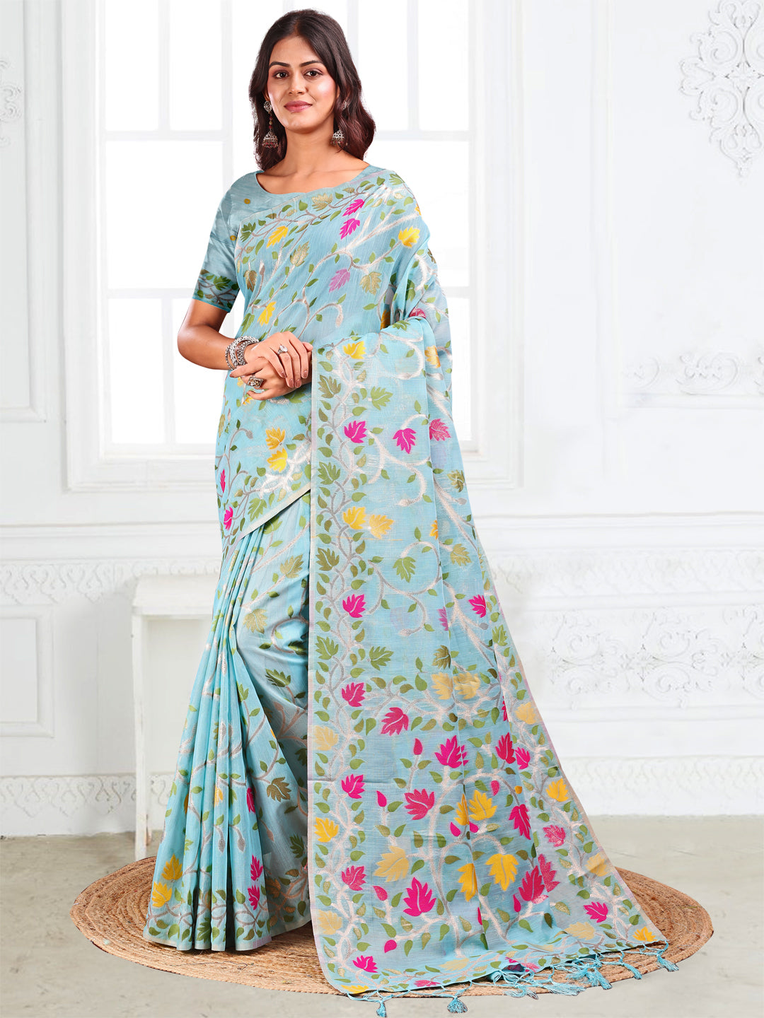 Sky Blue Linen Cotton Woven Jacquard Designer Fancy Saree