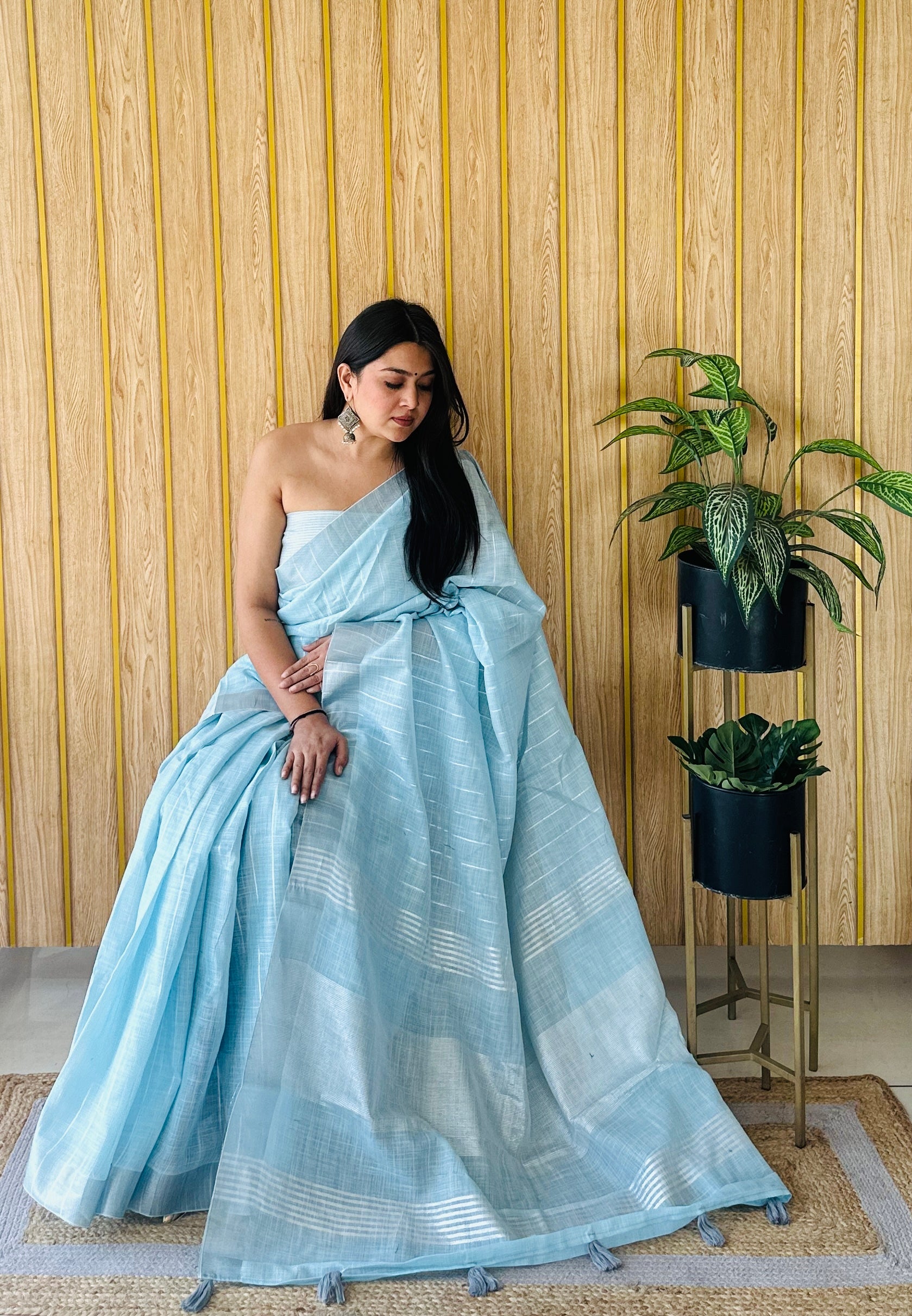 Sky Blue Linen Partywear Woven Saree For Sophisticated Rich Looks