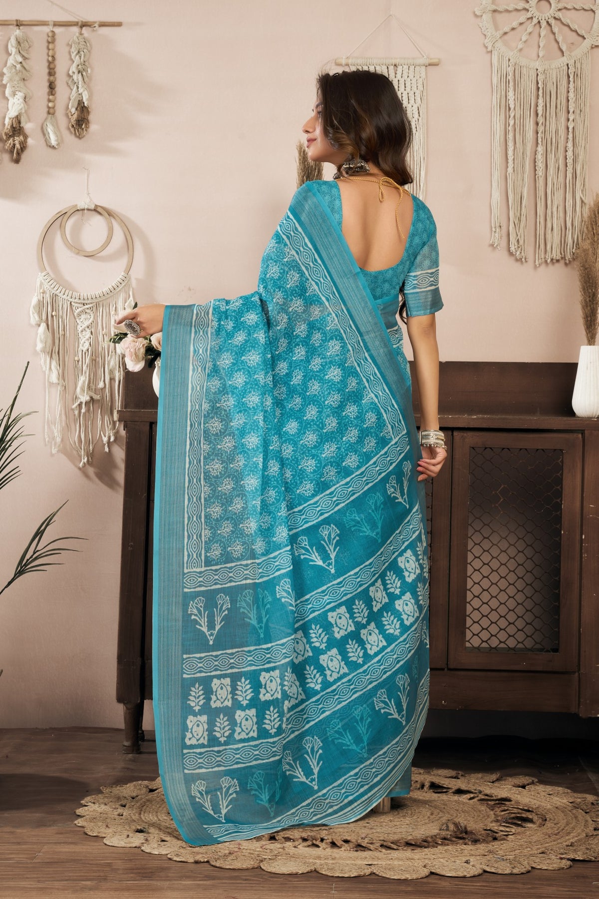 Sky Blue Linen Ready To Wear Saree With Zari Border Printed