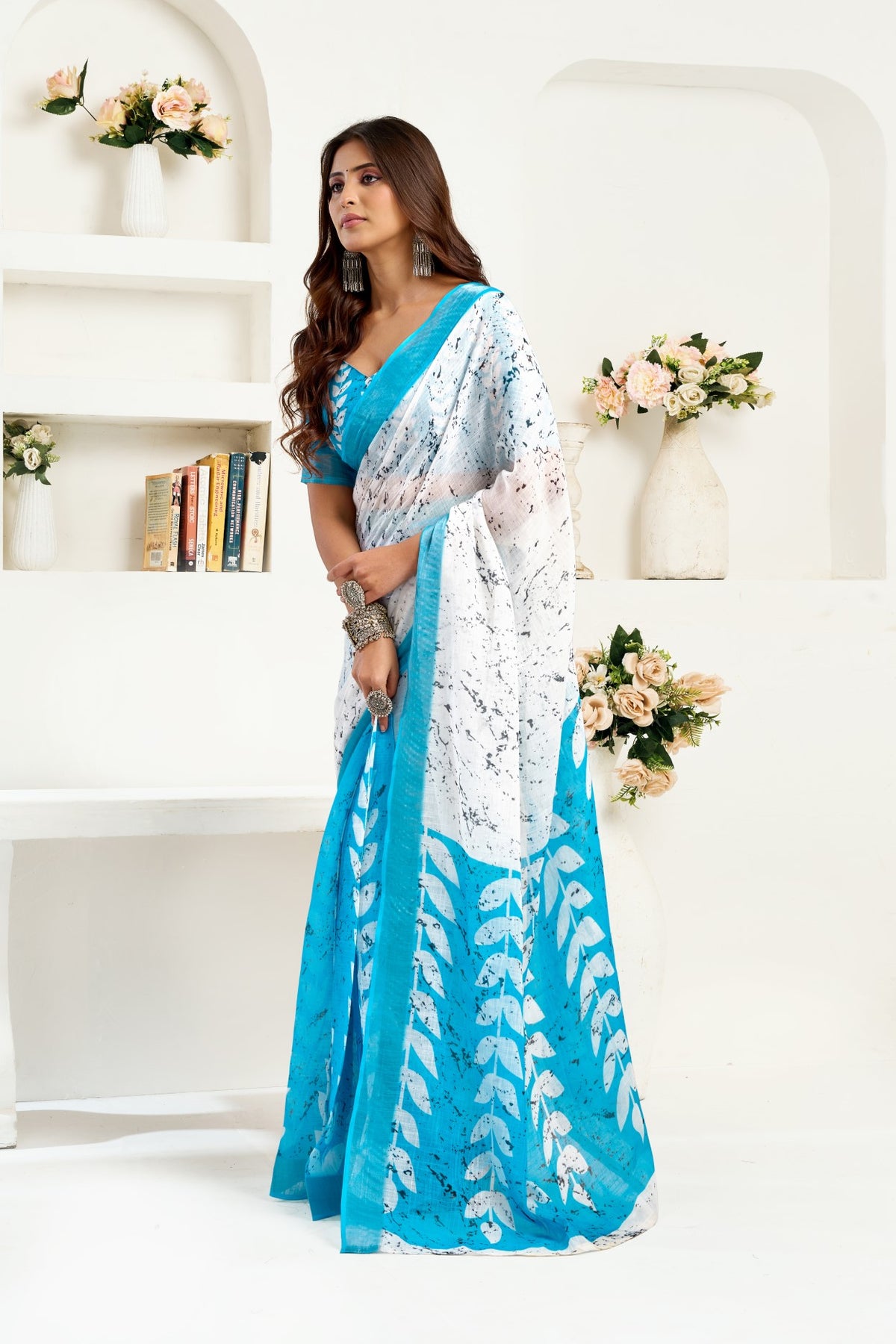 Sky Blue Linen Ready To Wear Saree With Zari Border Printed
