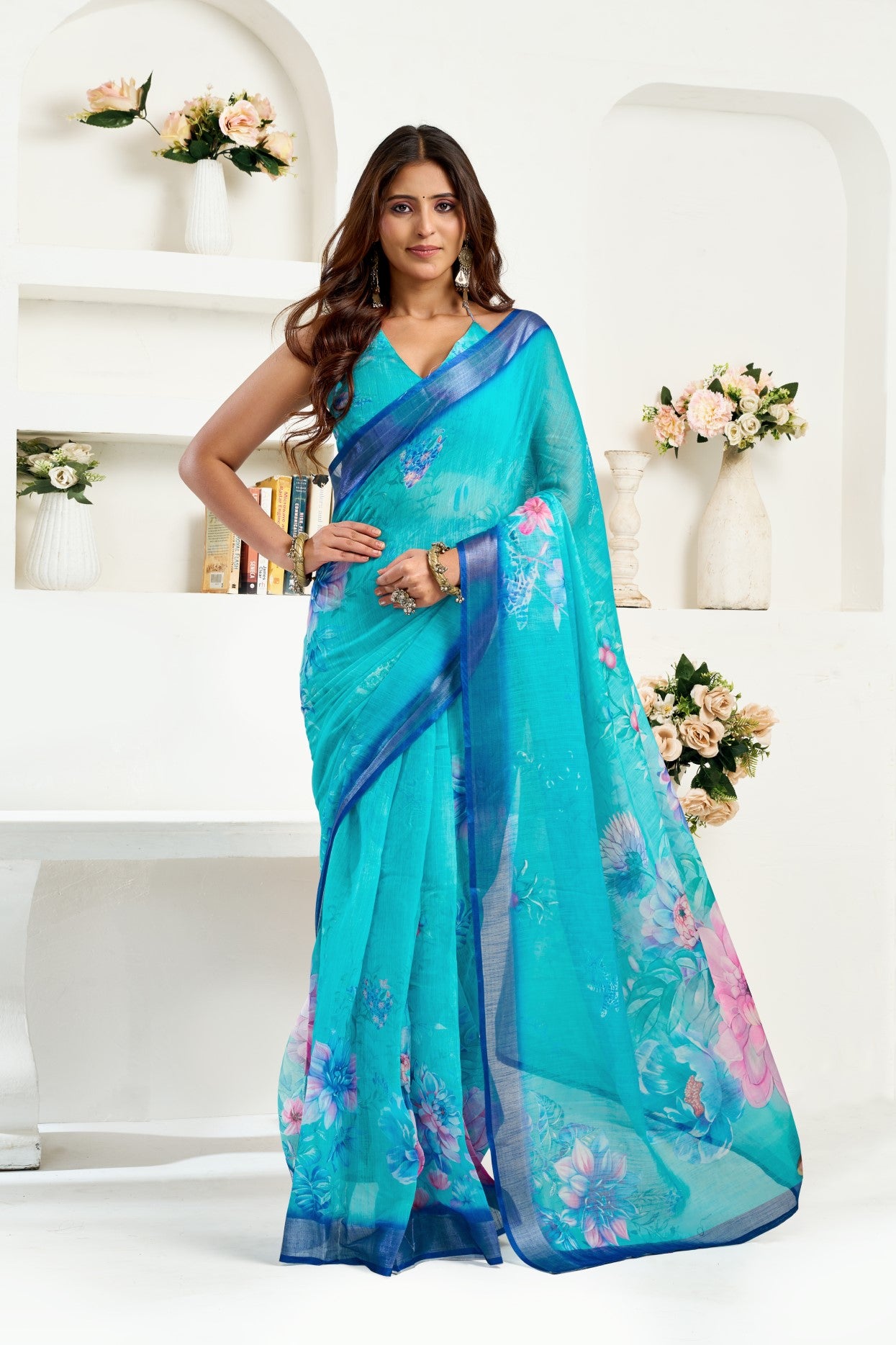 Sky Blue Linen Ready To Wear Saree With Zari Border Printed