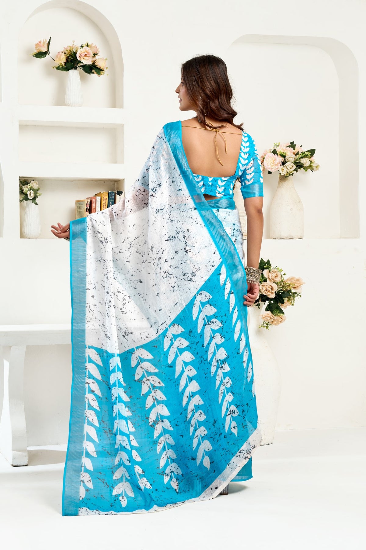 Sky Blue Linen Ready To Wear Saree With Zari Border Printed