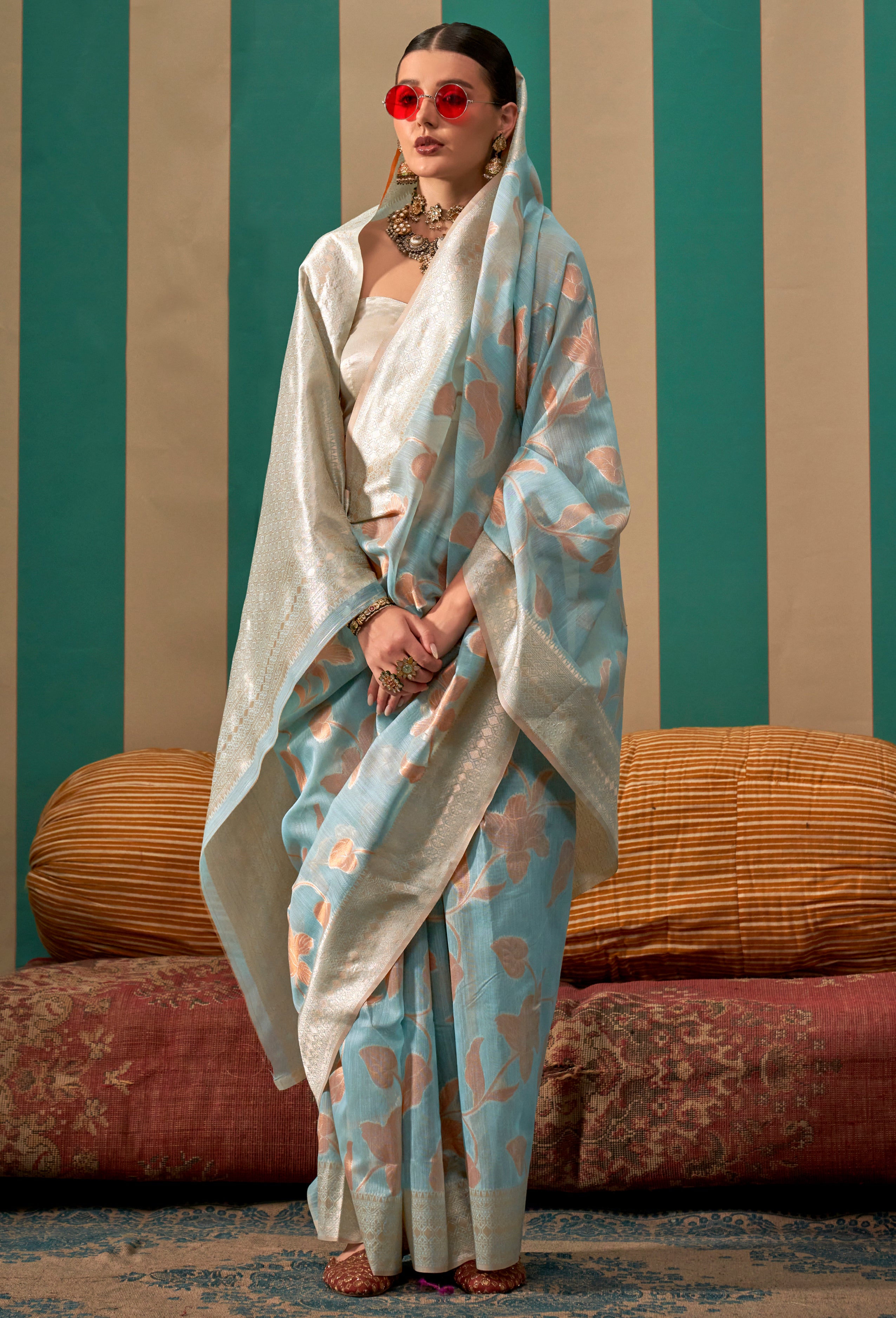 Sky Blue Linen Saree With Jacquard Woven Work