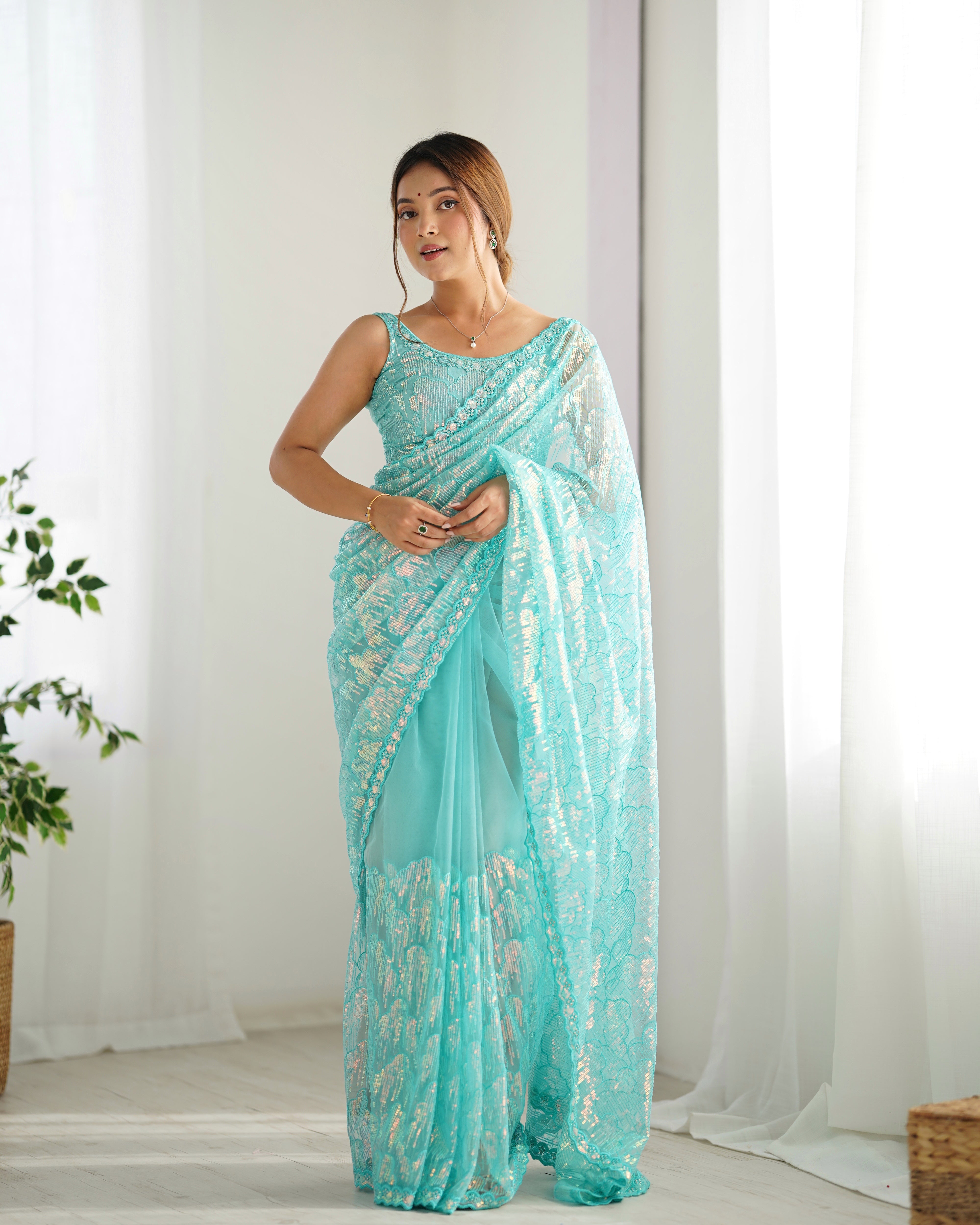 Sky Blue Mono Net Beautiful Bollywood Saree With Designer Sequins Work