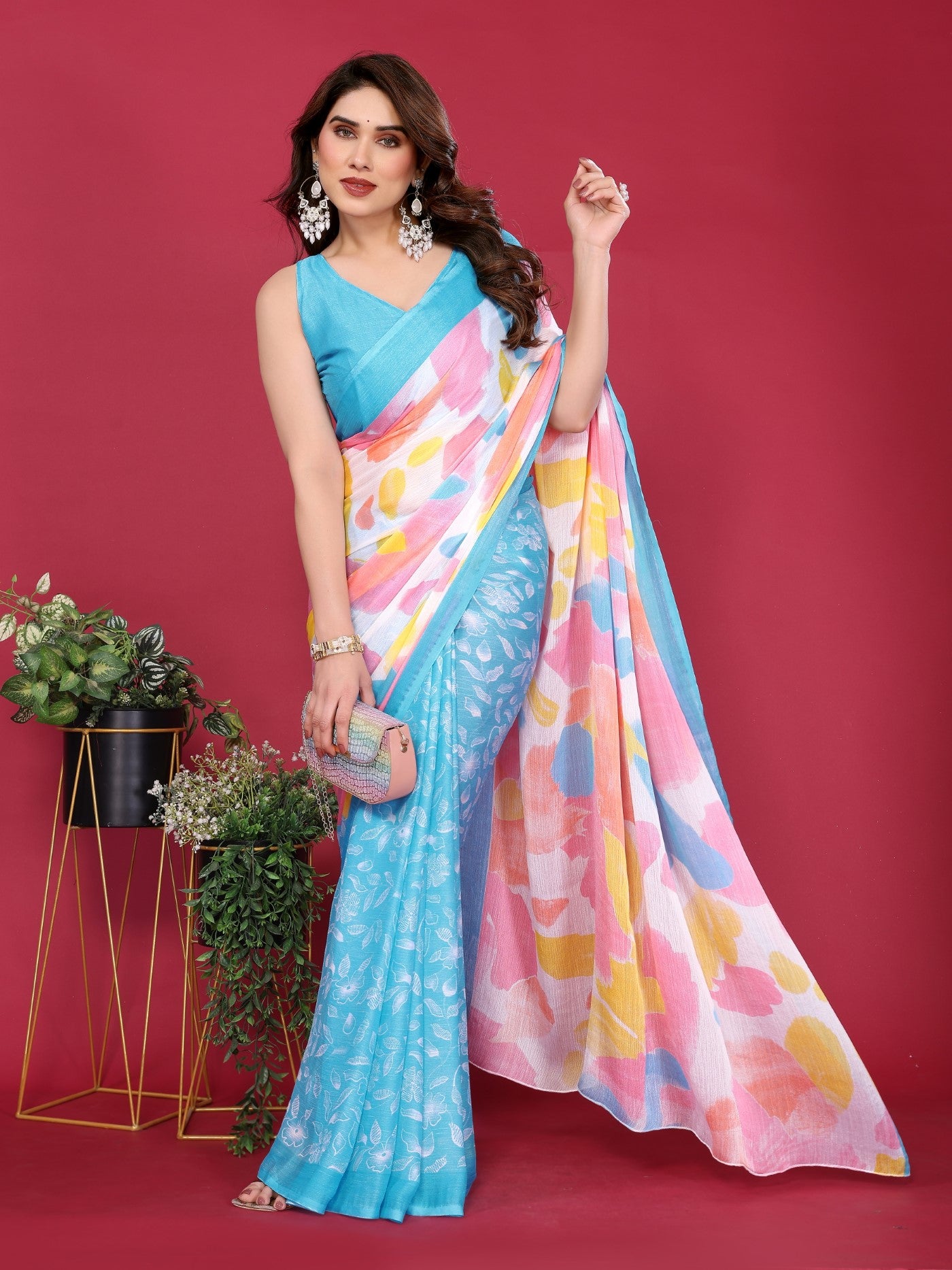 Sky Blue Moss Chiffon Saree With Elegant Printed Design