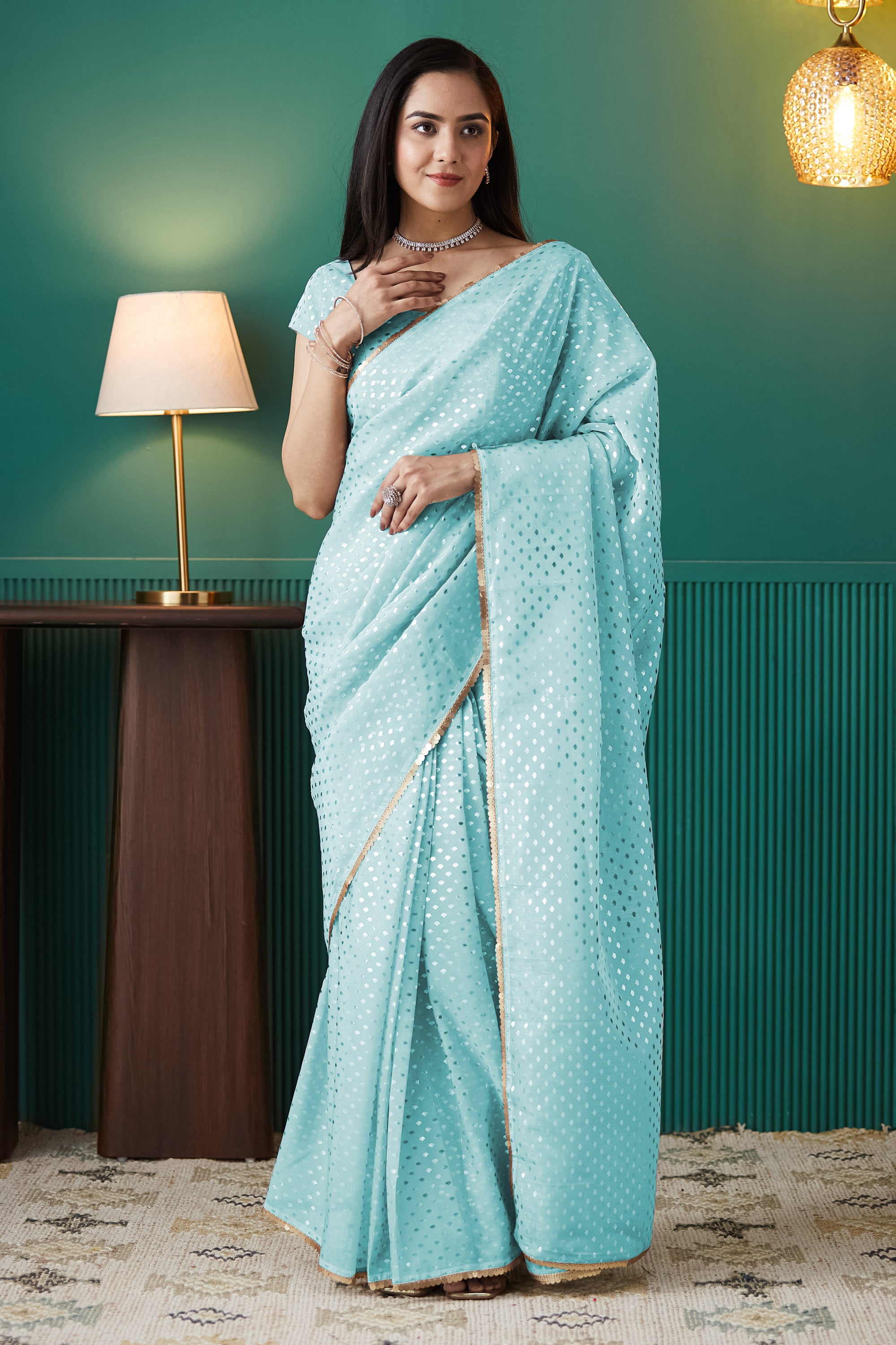 Sky Blue Organza Designer Foil Printed Ready To Wear Saree