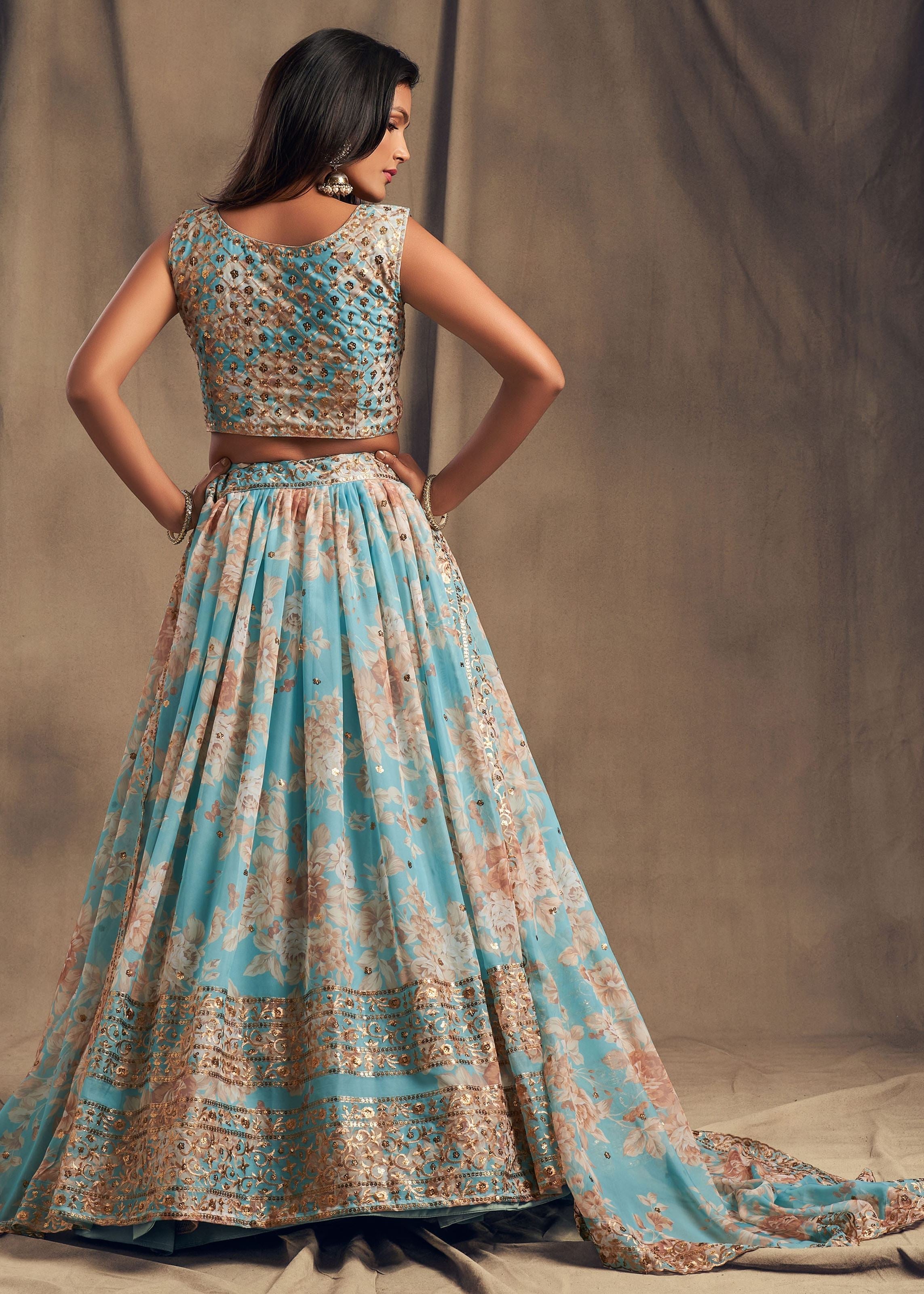 Sky Blue Organza Lehenga Choli With Sequins Zari Embroidery Work