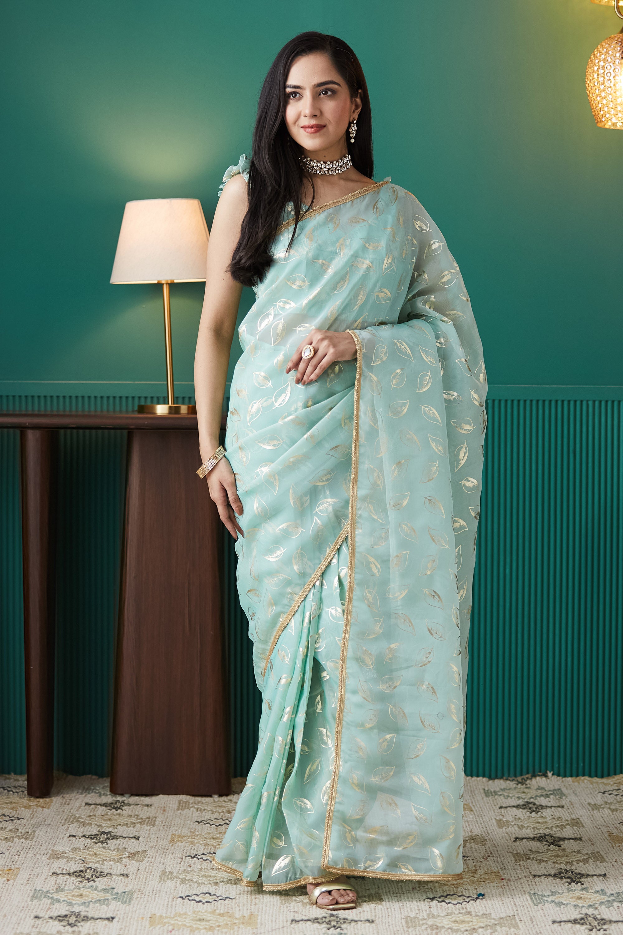 Sky Blue Organza Solid Designer Foil Printed Saree