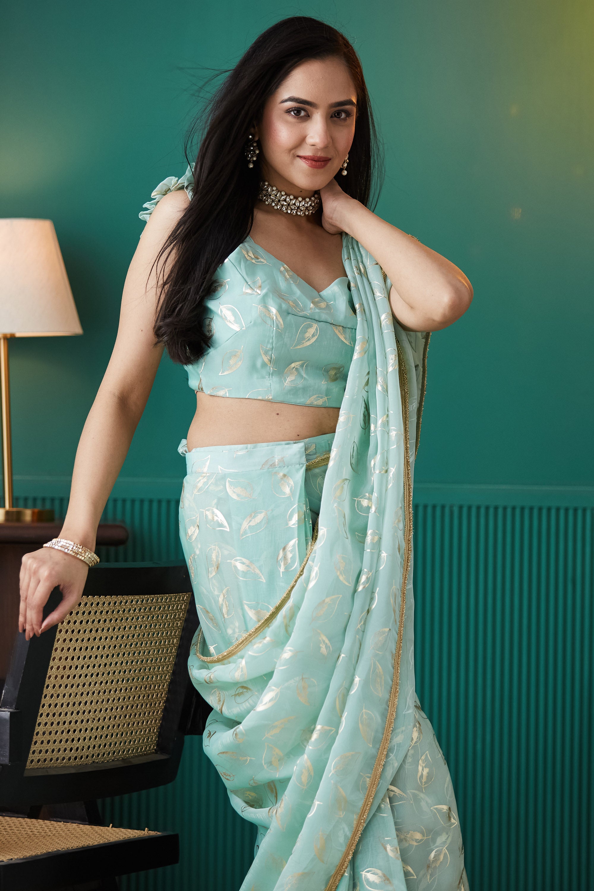 Sky Blue Organza Solid Designer Foil Printed Saree