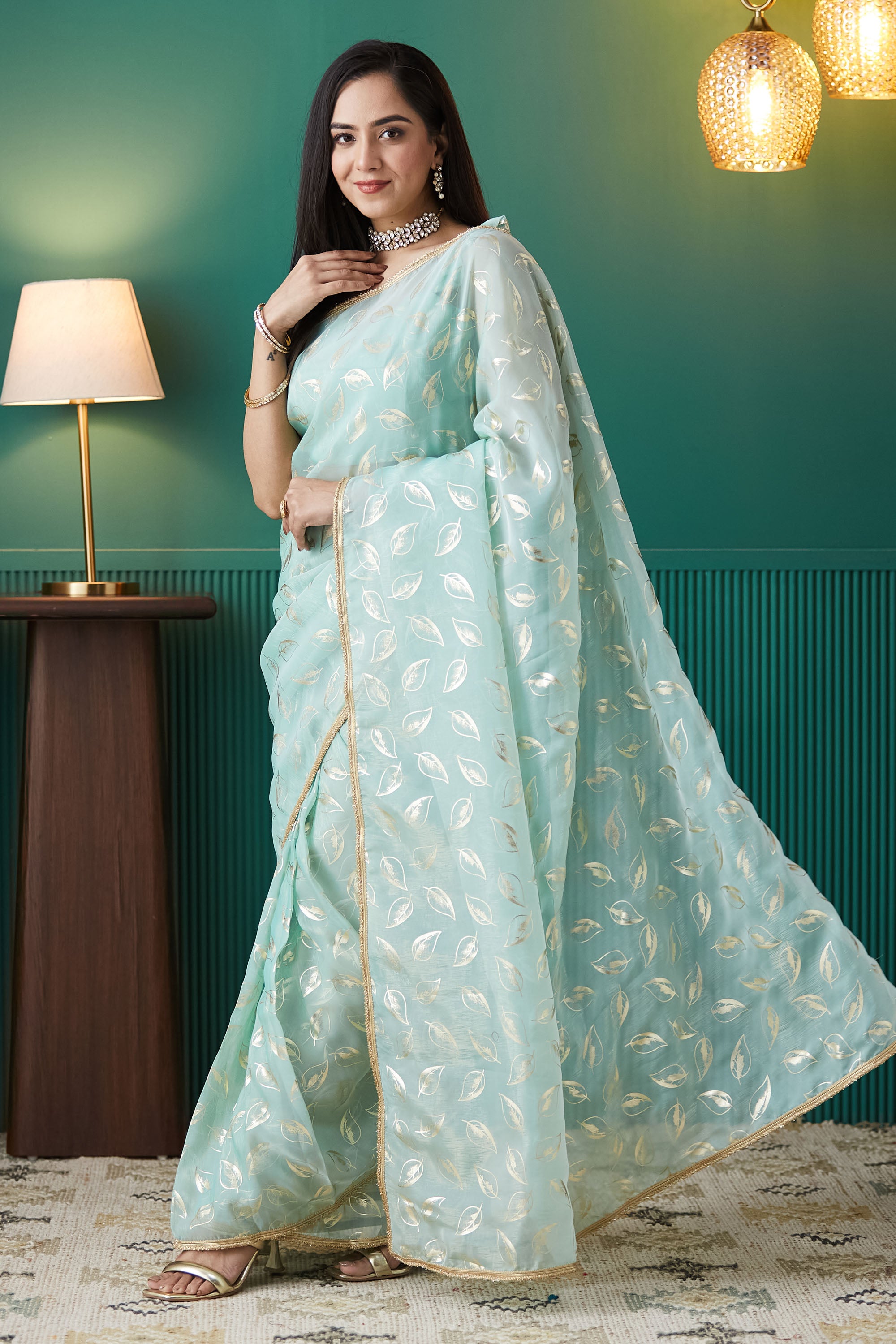 Sky Blue Organza Solid Designer Foil Printed Saree
