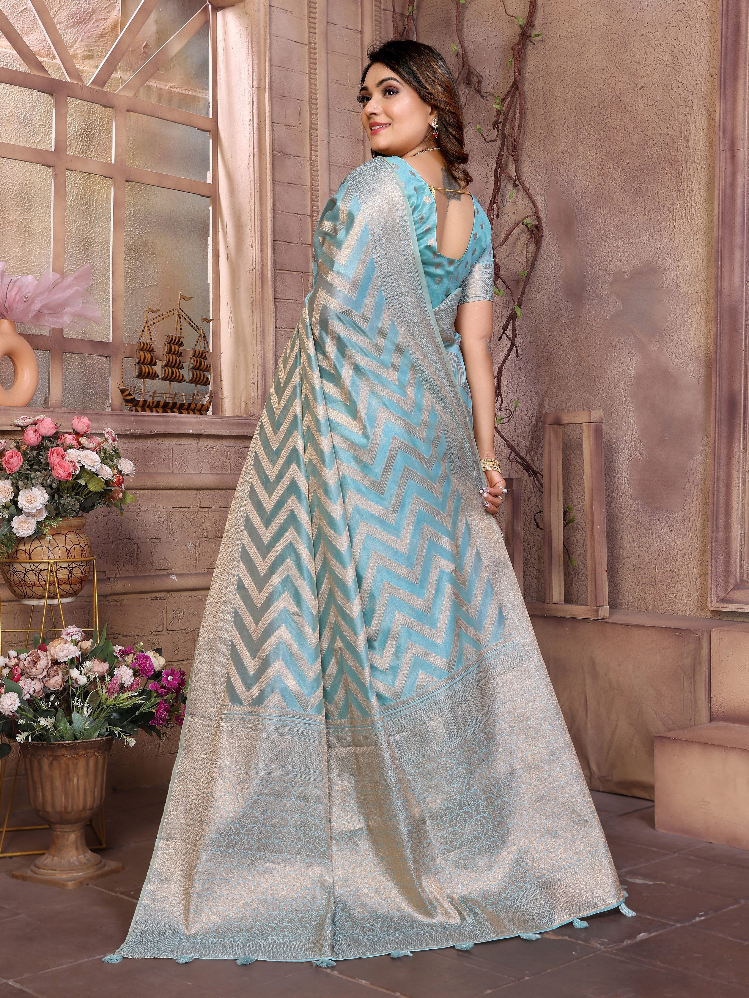 Sky Blue Organza Woven Jari Designer Heavy Ceremonial Saree