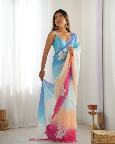 Sky Blue Padding Georgette Sequins Embroidered Saree