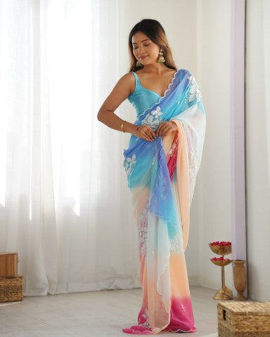 Sky Blue Padding Georgette Sequins Embroidered Saree