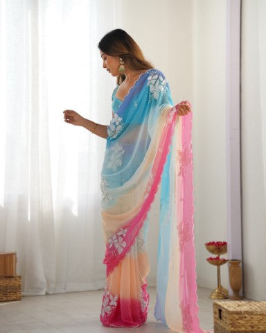 Sky Blue Padding Georgette Sequins Embroidered Saree