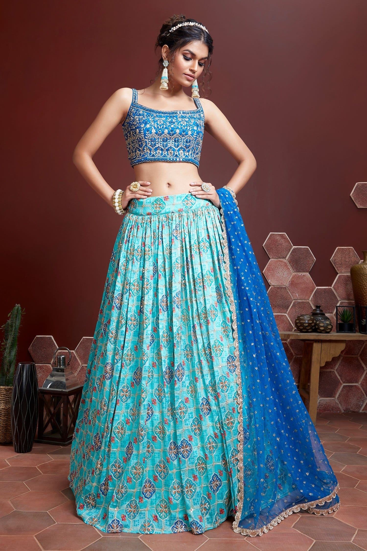 Sky Blue Pure Chinnon Silk Lehenga Choli With Digital Position Print and Heavy Embroidery with Real mirror work