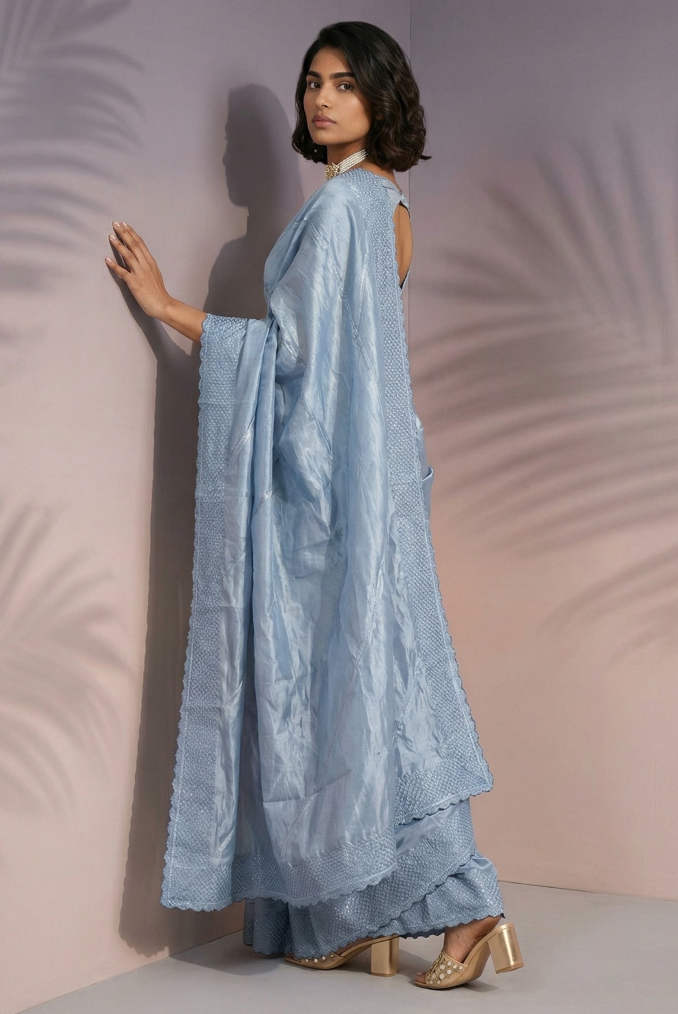 Sky Blue Rasberry Silk Saree with Thread Embroidery & Sequins Work
