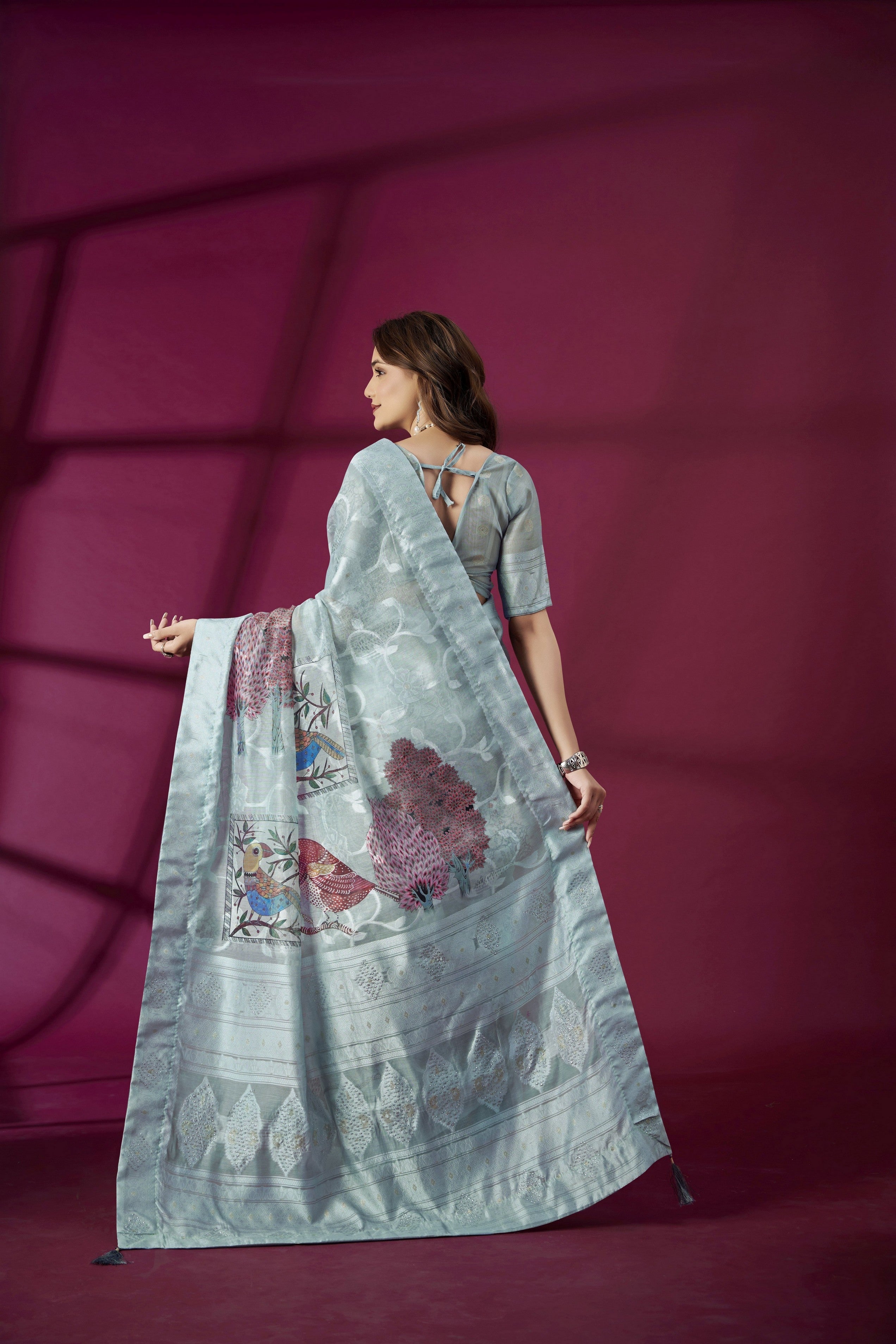 Sky Blue Rich Silk Jacquard Designer Saree With Smart Ethnic Printed