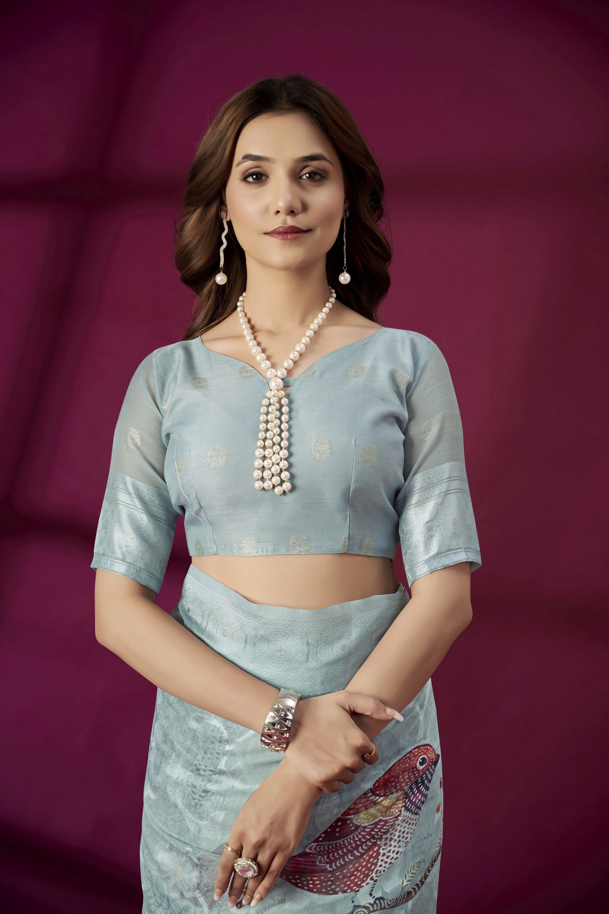 Sky Blue Rich Silk Jacquard Designer Saree With Smart Ethnic Printed