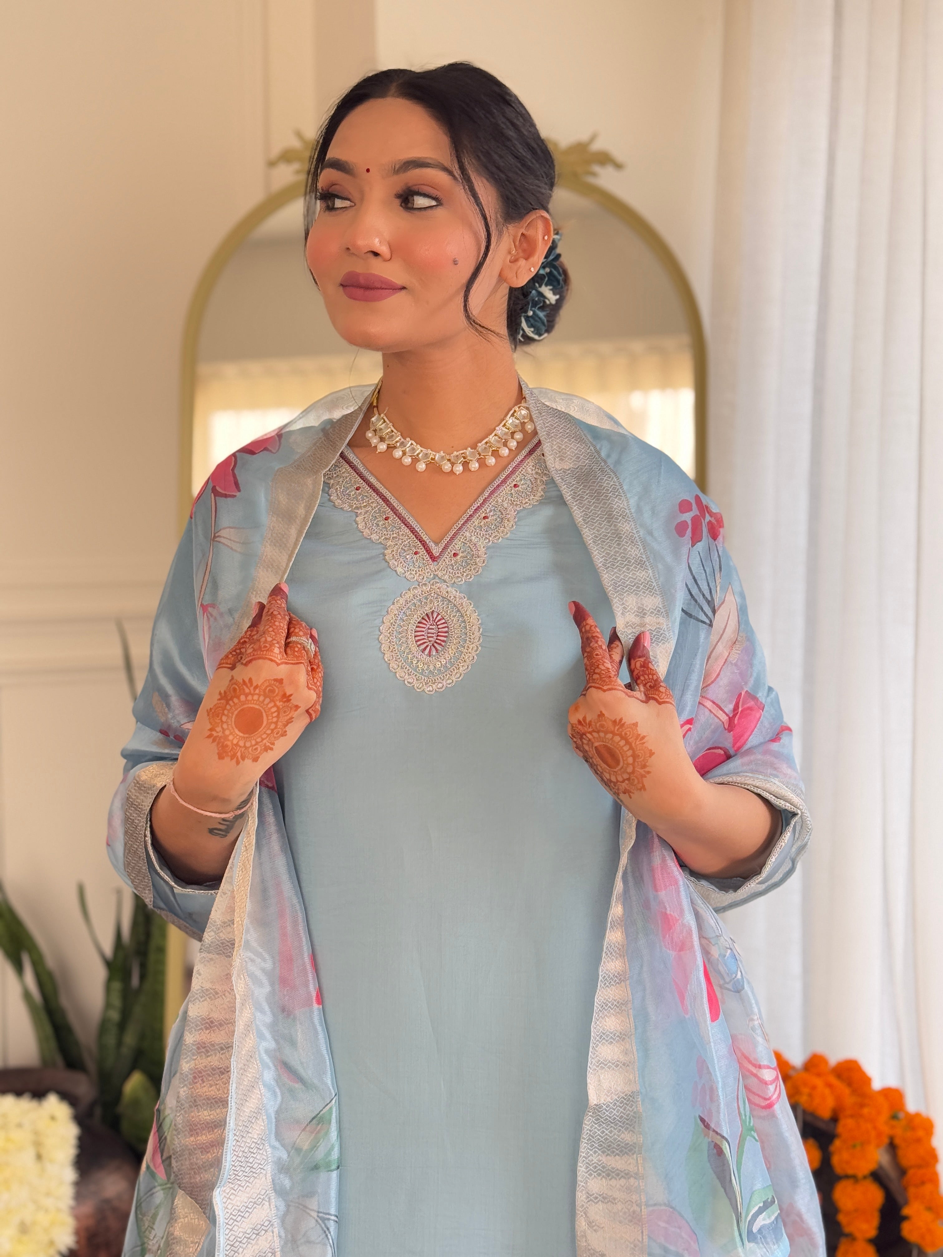 Sky Blue Roman Silk Elegant Kurta Pant Set With Embroidery Work