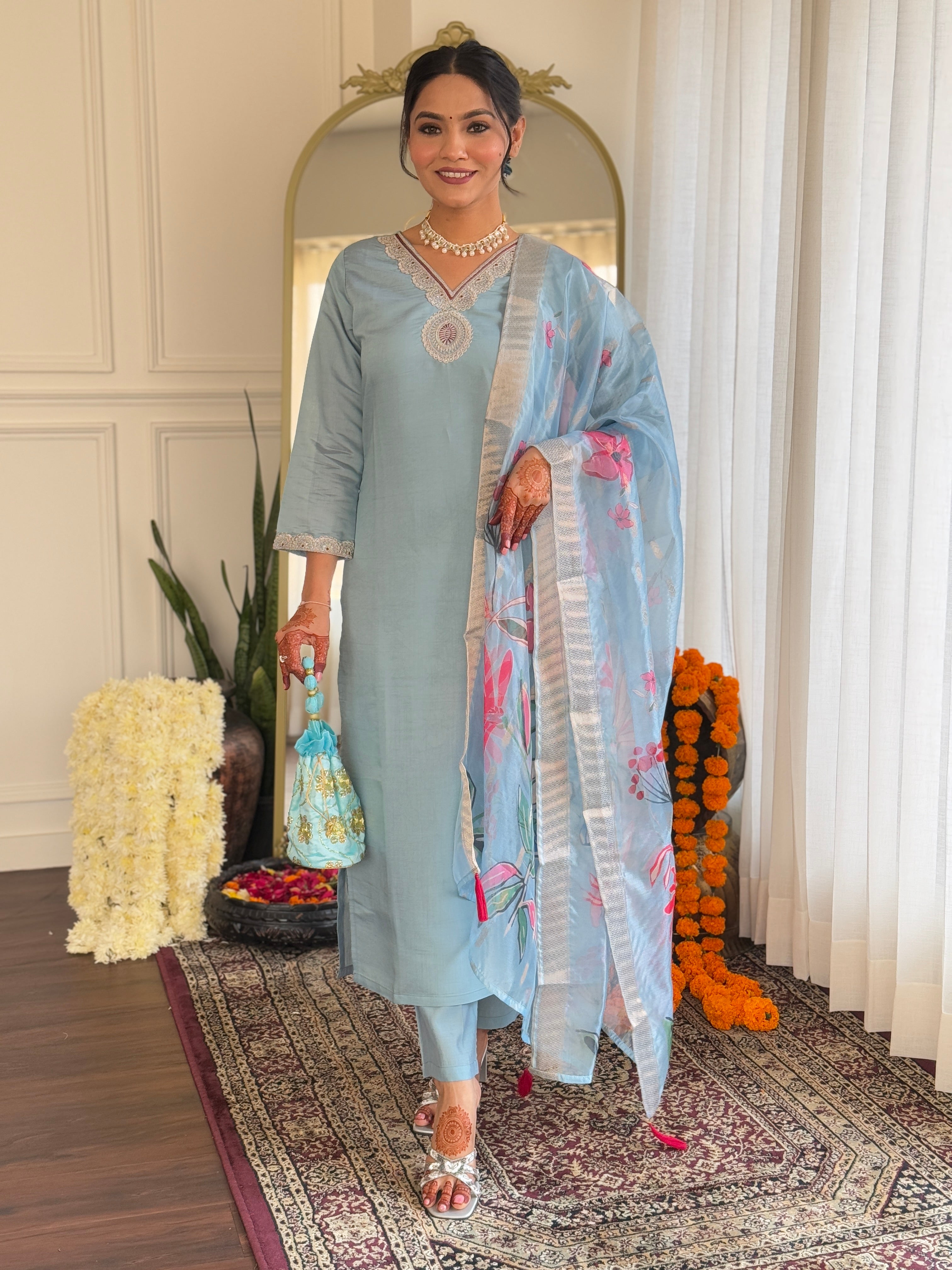 Sky Blue Roman Silk Elegant Kurta Pant Set With Embroidery Work