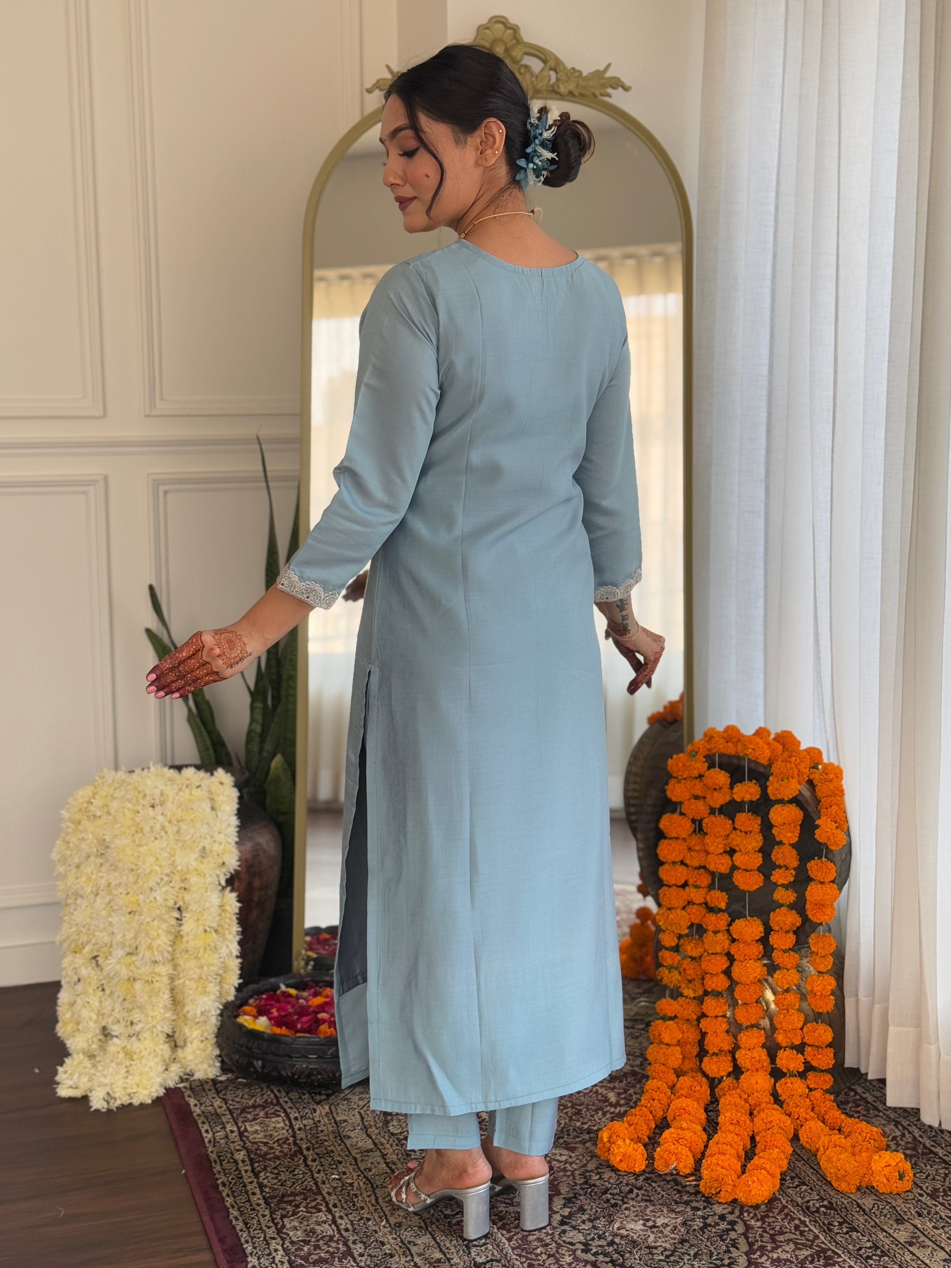 Sky Blue Roman Silk Elegant Kurta Pant Set With Embroidery Work