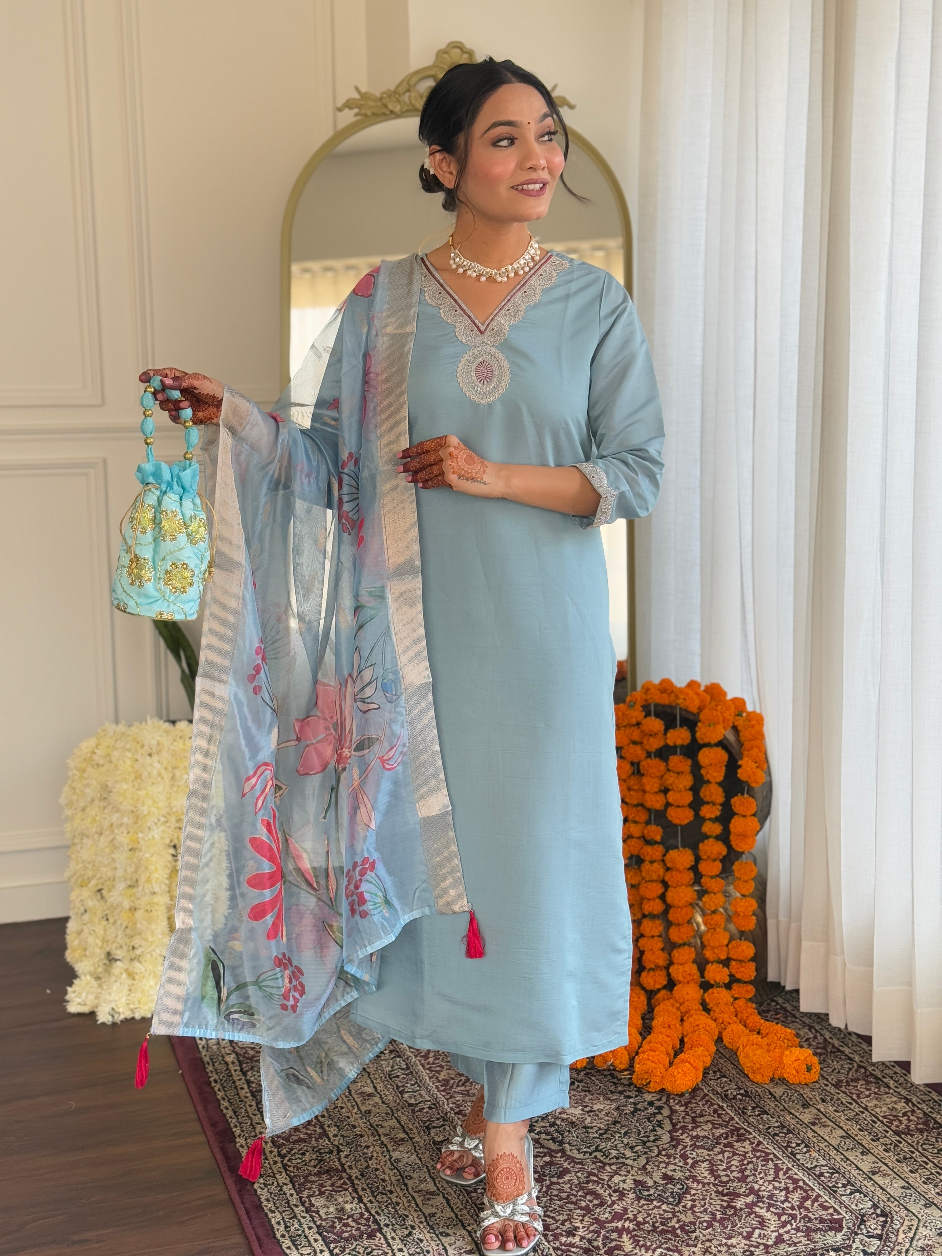 Sky Blue Roman Silk Elegant Kurta Pant Set With Embroidery Work
