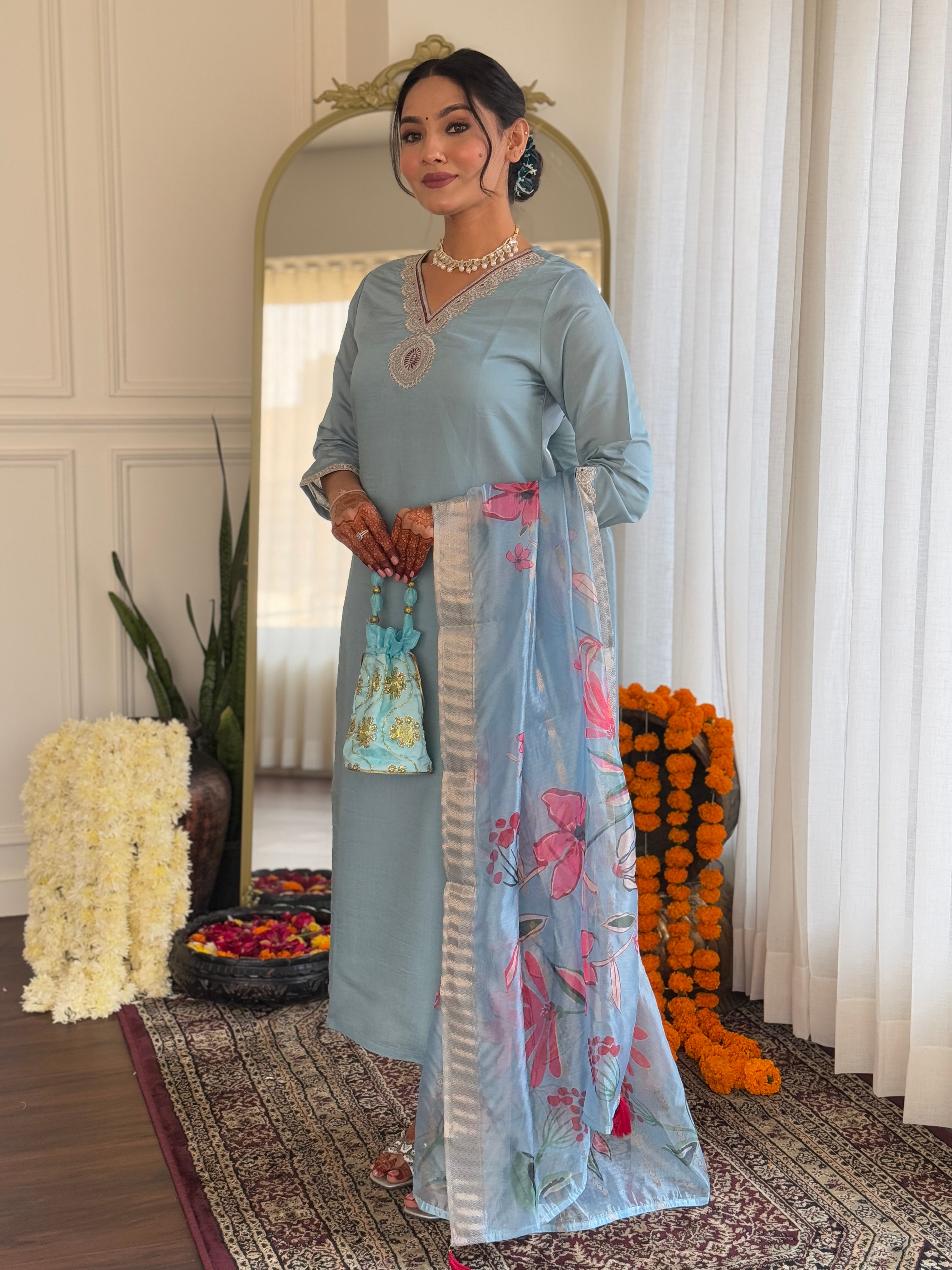 Sky Blue Roman Silk Kurta Pant With Embroidery Work And Printed Dupatta