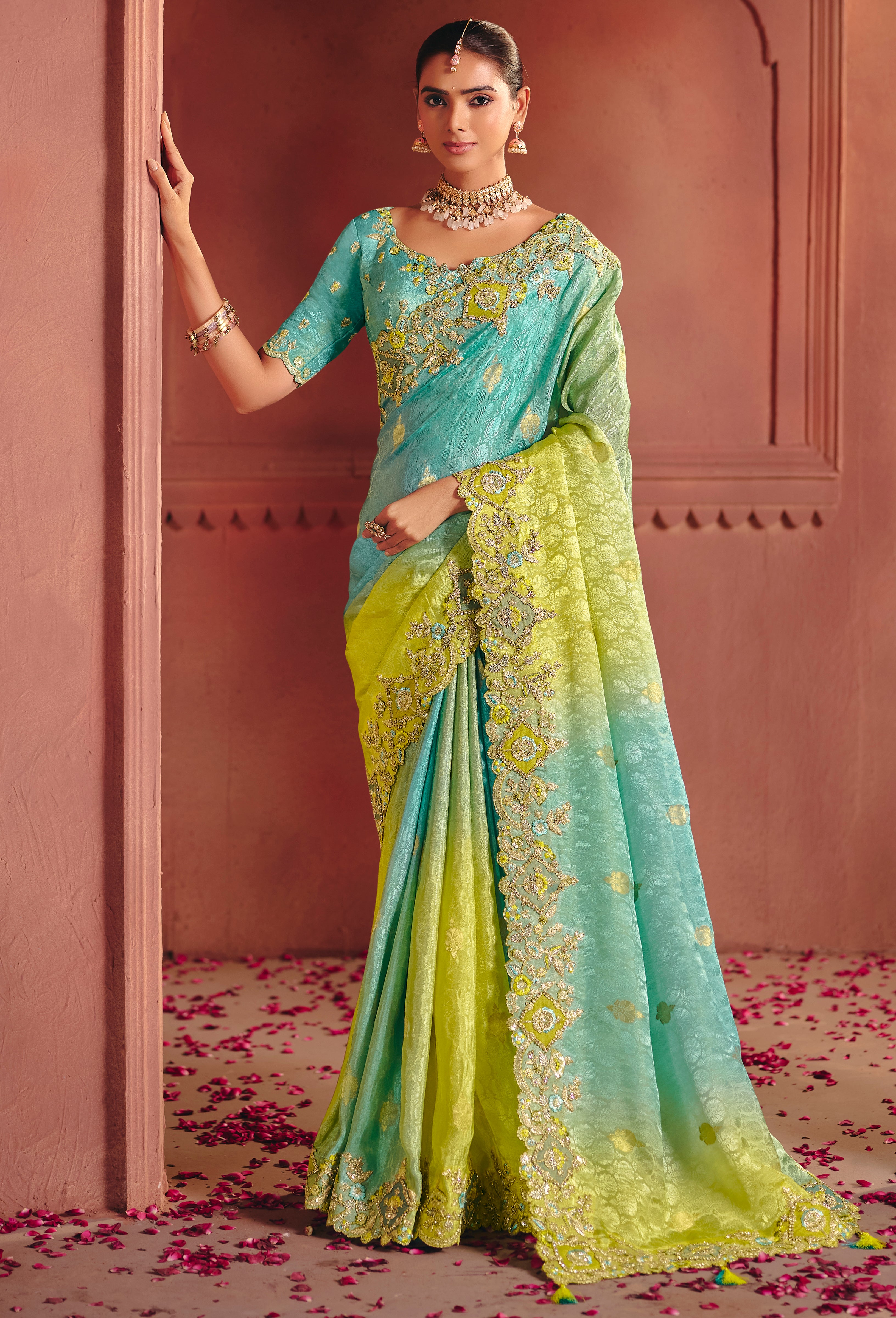 Sky Blue Saree With Heavy Embroidery, Sequin, Thread Work With Heavy Embroidery Work Blouse