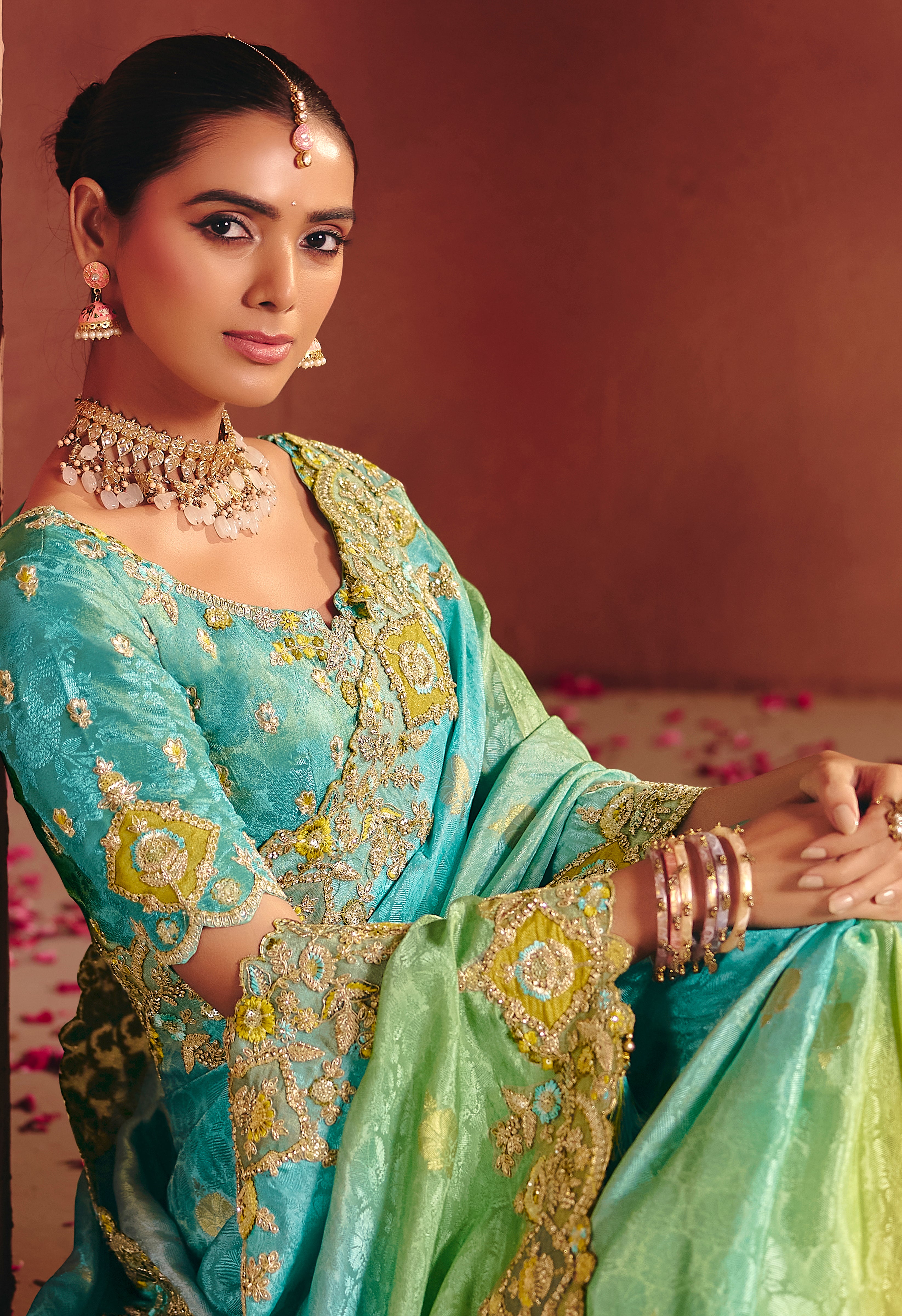 Sky Blue Saree With Heavy Embroidery, Sequin, Thread Work With Heavy Embroidery Work Blouse