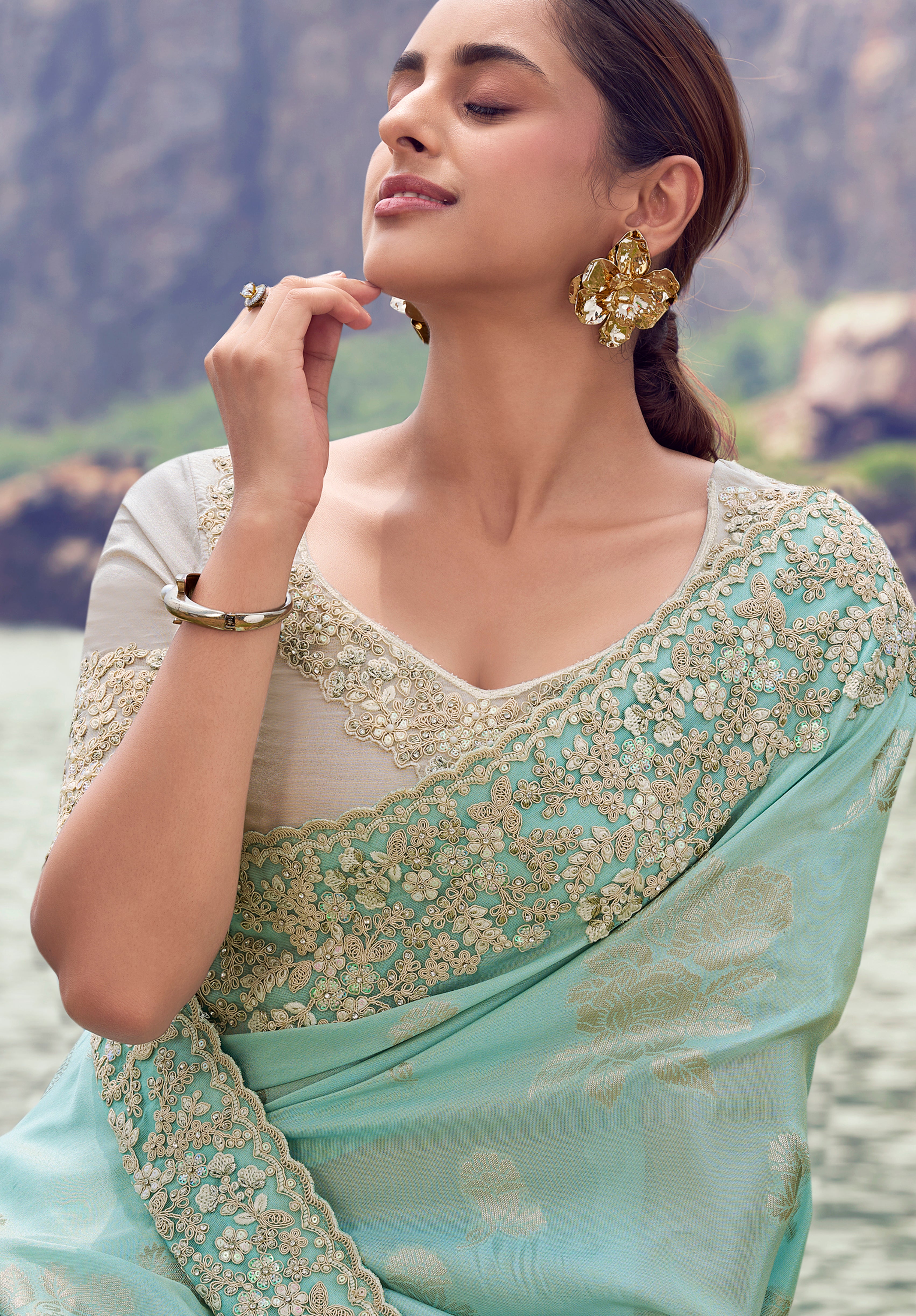 Sky Blue Saree With Jacquard Woven With Embroidered Border & Blouse