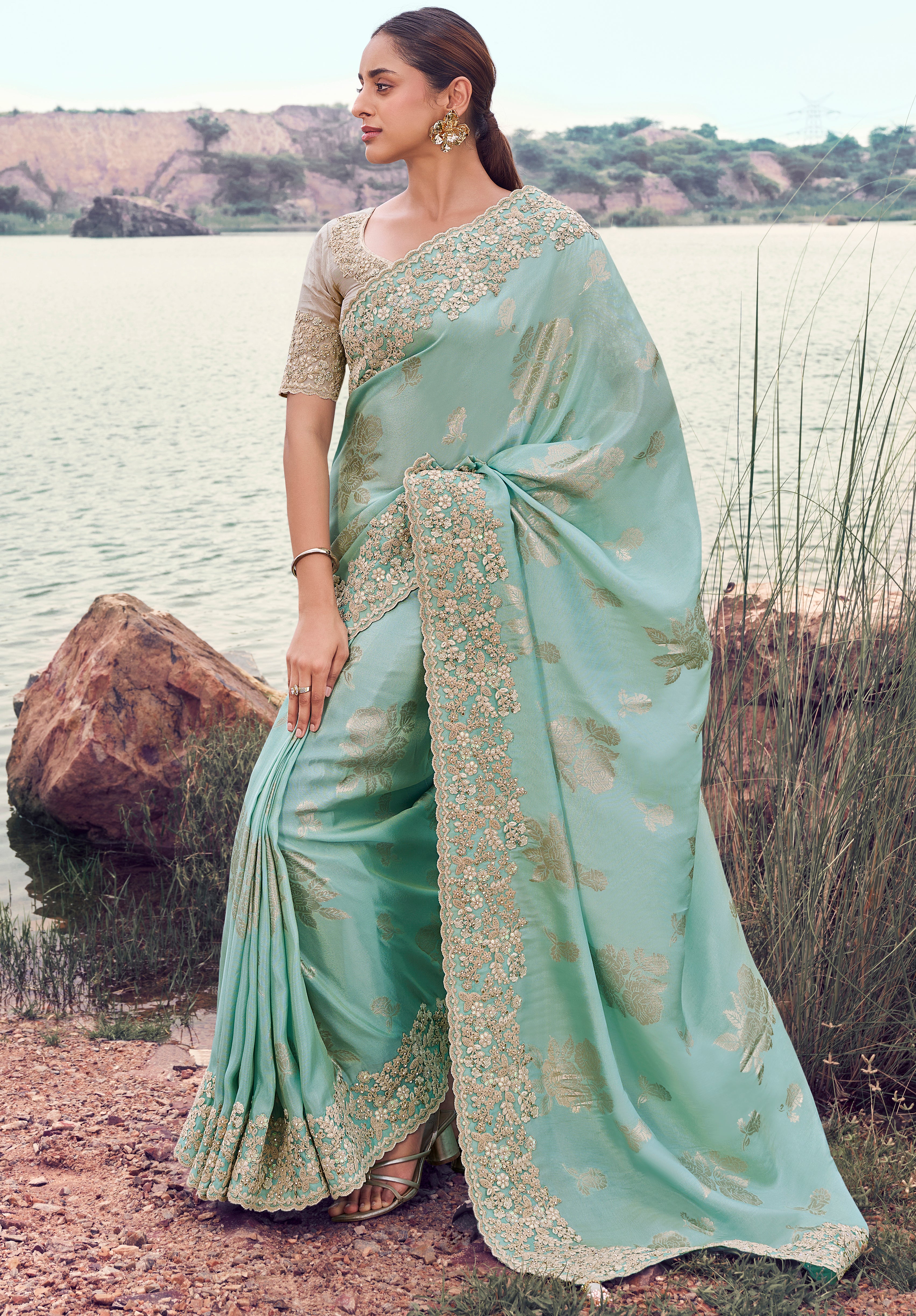 Sky Blue Saree With Jacquard Woven With Embroidered Border & Blouse
