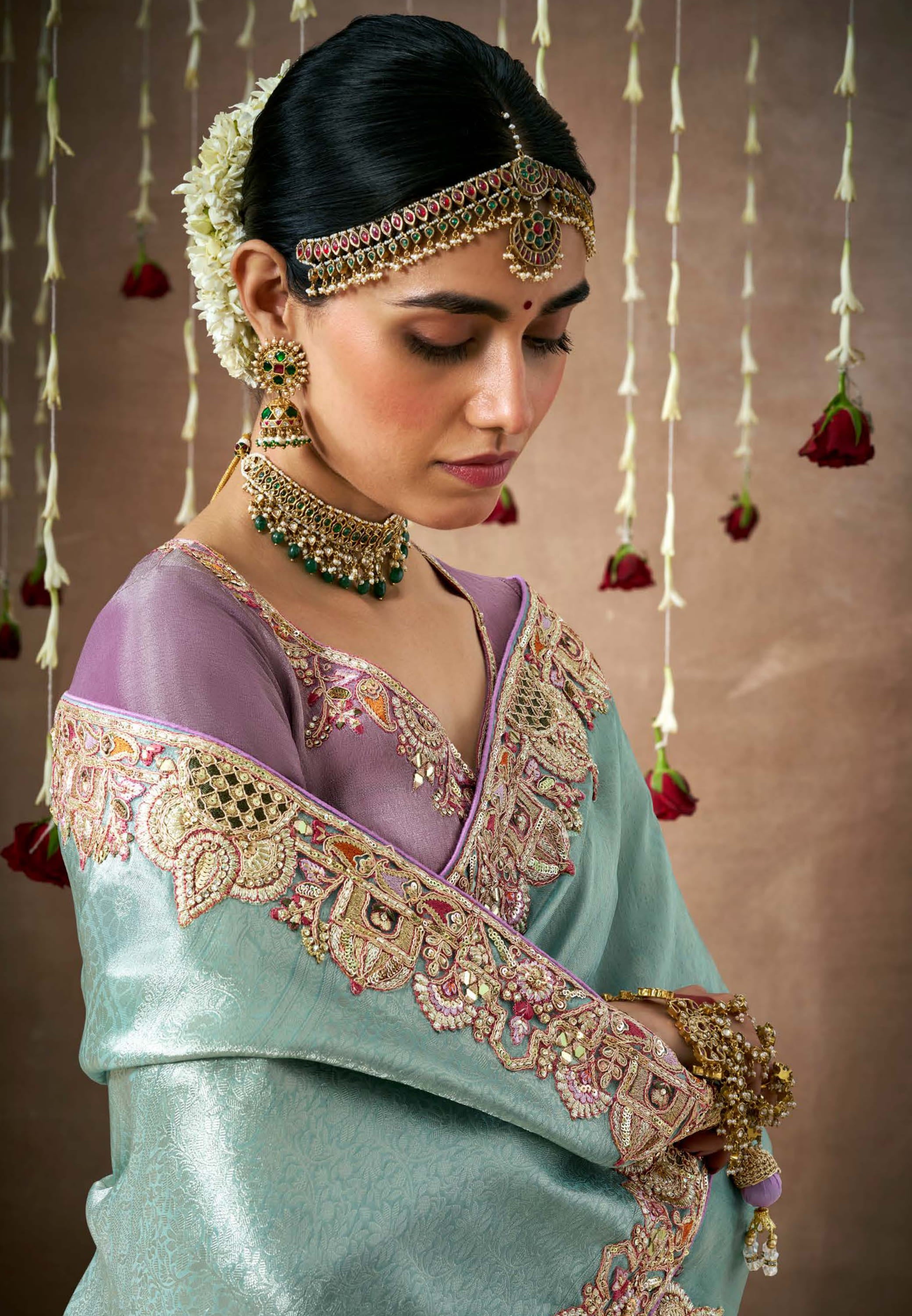 Sky Blue Saree With Jacquard Woven With Heavy Thread Embroidery Sequins Work