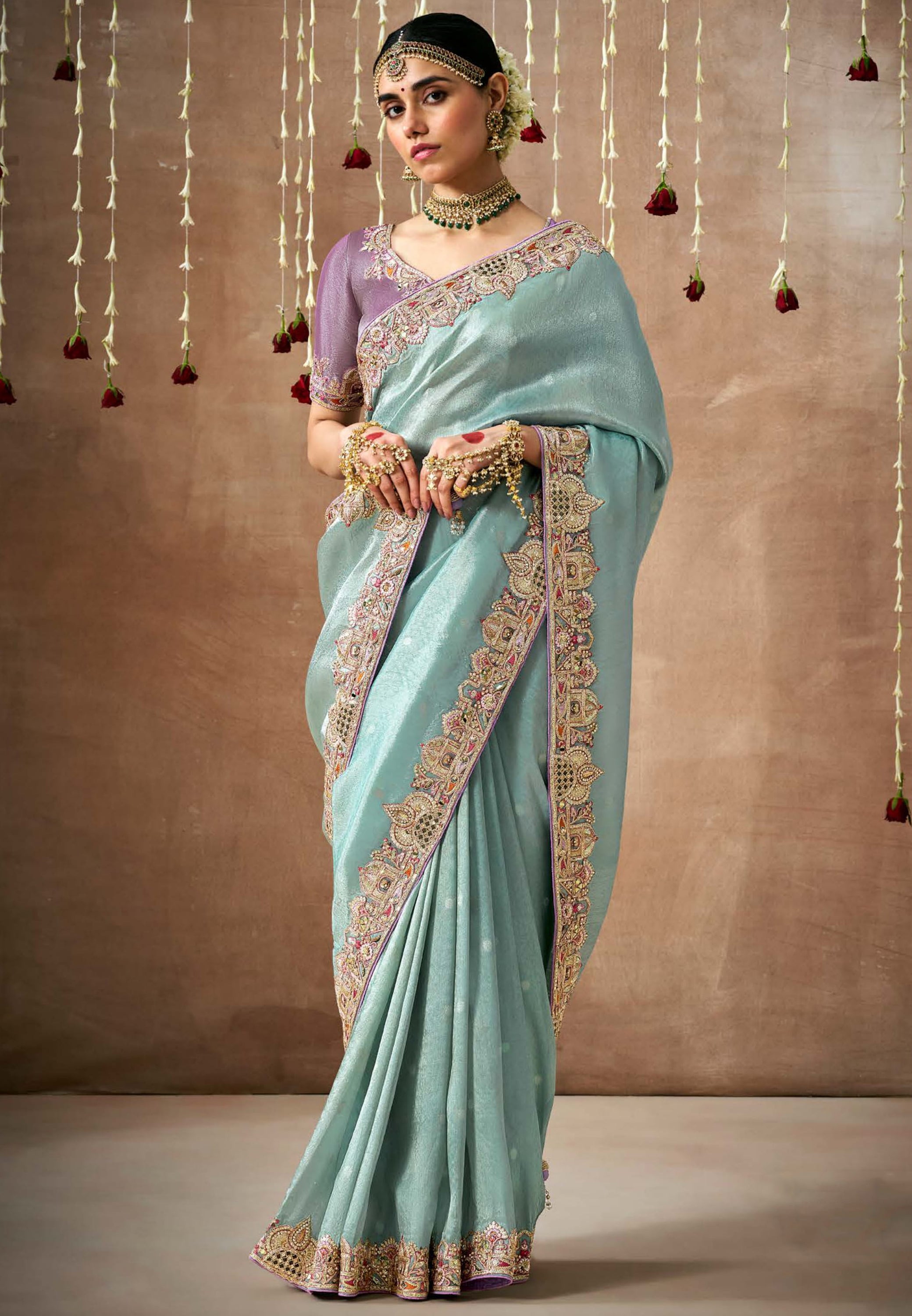 Sky Blue Saree With Jacquard Woven With Heavy Thread Embroidery Sequins Work