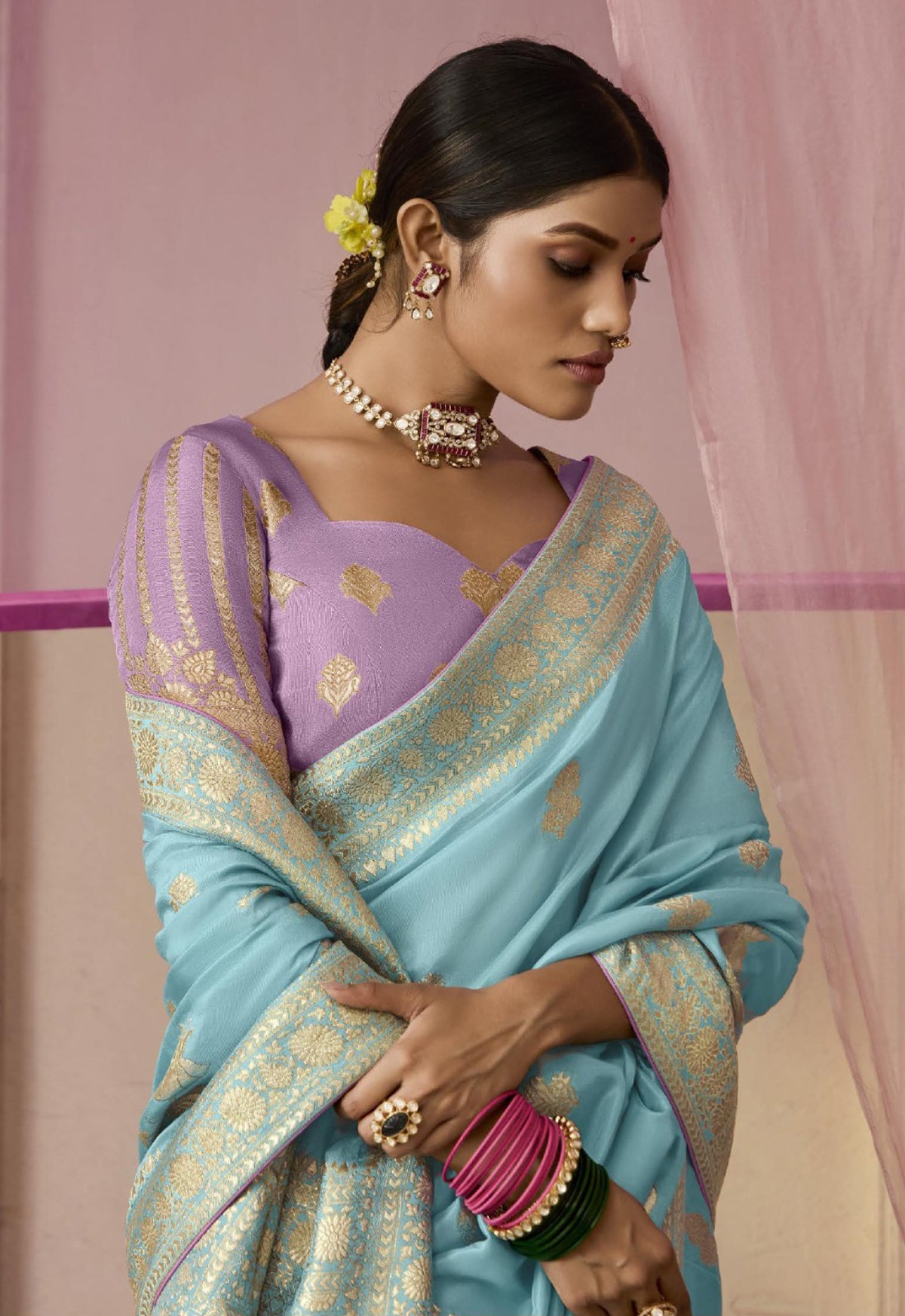 Sky Blue Saree With Jacquard Woven Work
