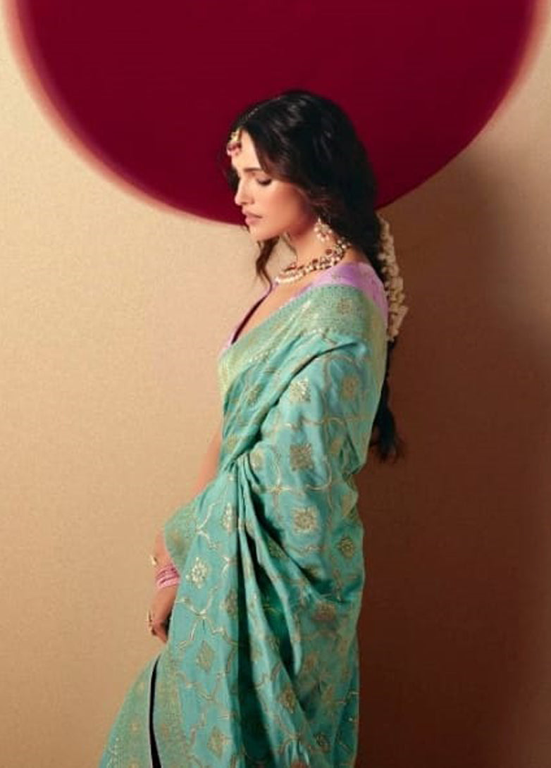 Sky Blue Saree With Jacquard Woven Work