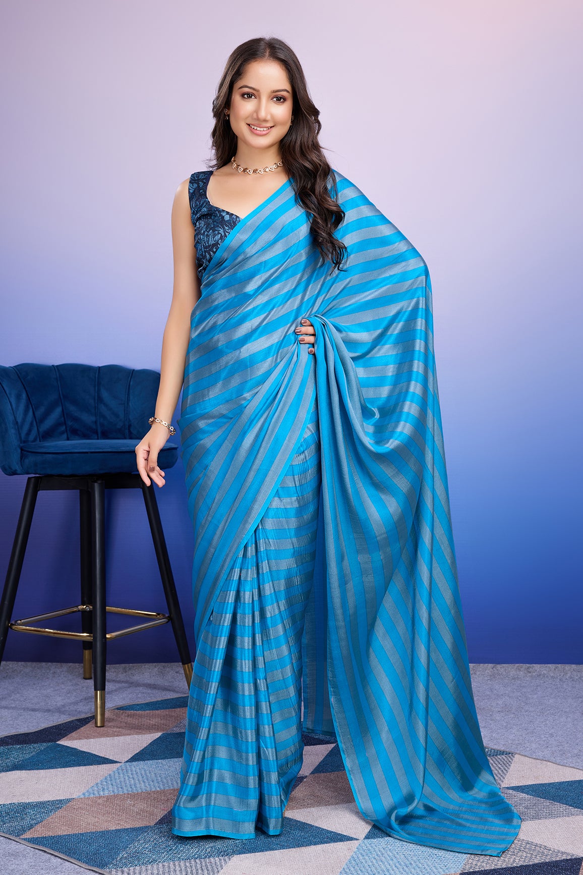 Sky Blue Satin Designer Ready To Wear Ceremonial Saree