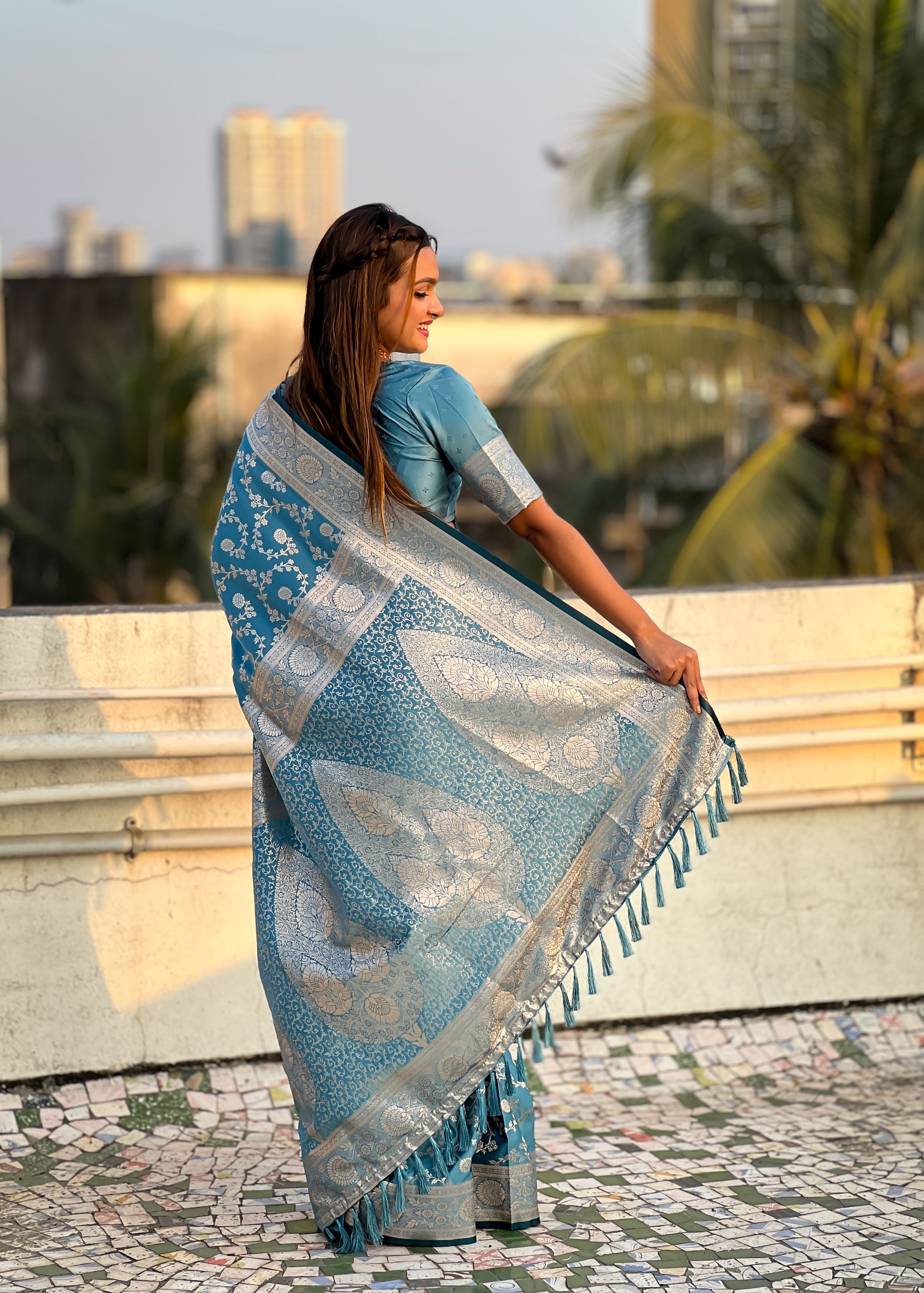 Sky Blue Satin Saree With Zari and Woven Work