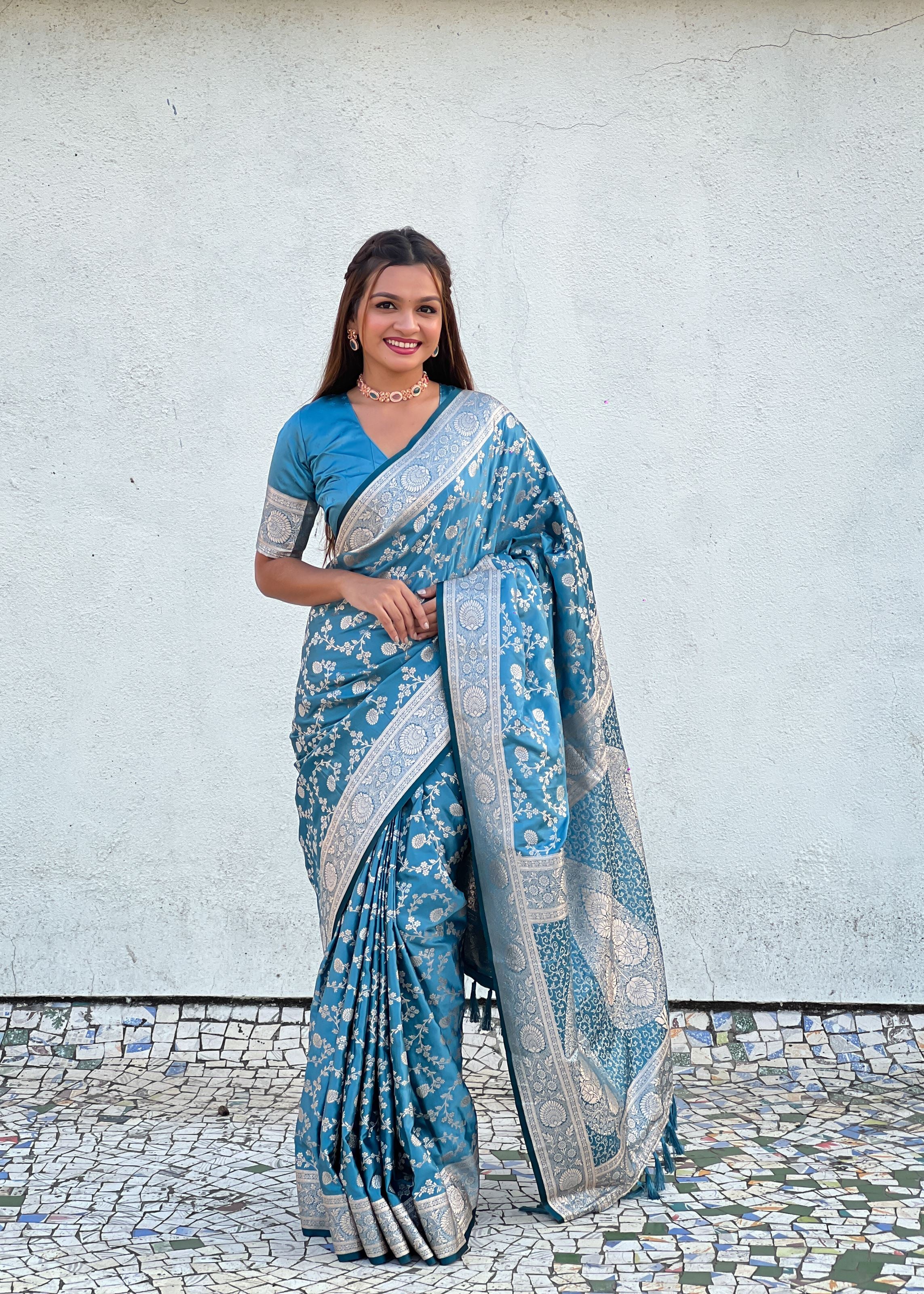 Sky Blue Satin Saree With Zari and Woven Work