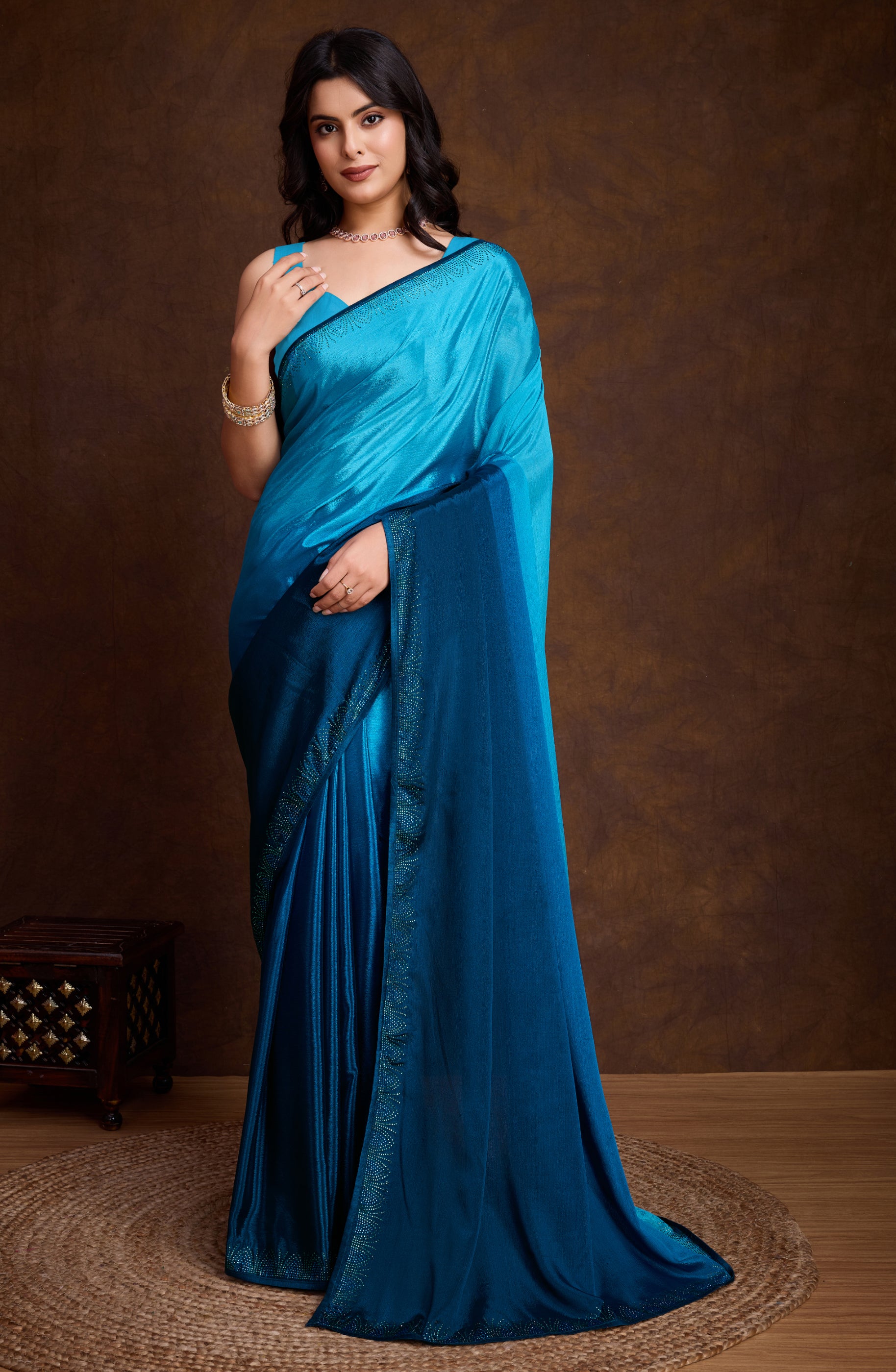 Sky Blue Shaded Chinon Saree with Swarovski Subtle Piping