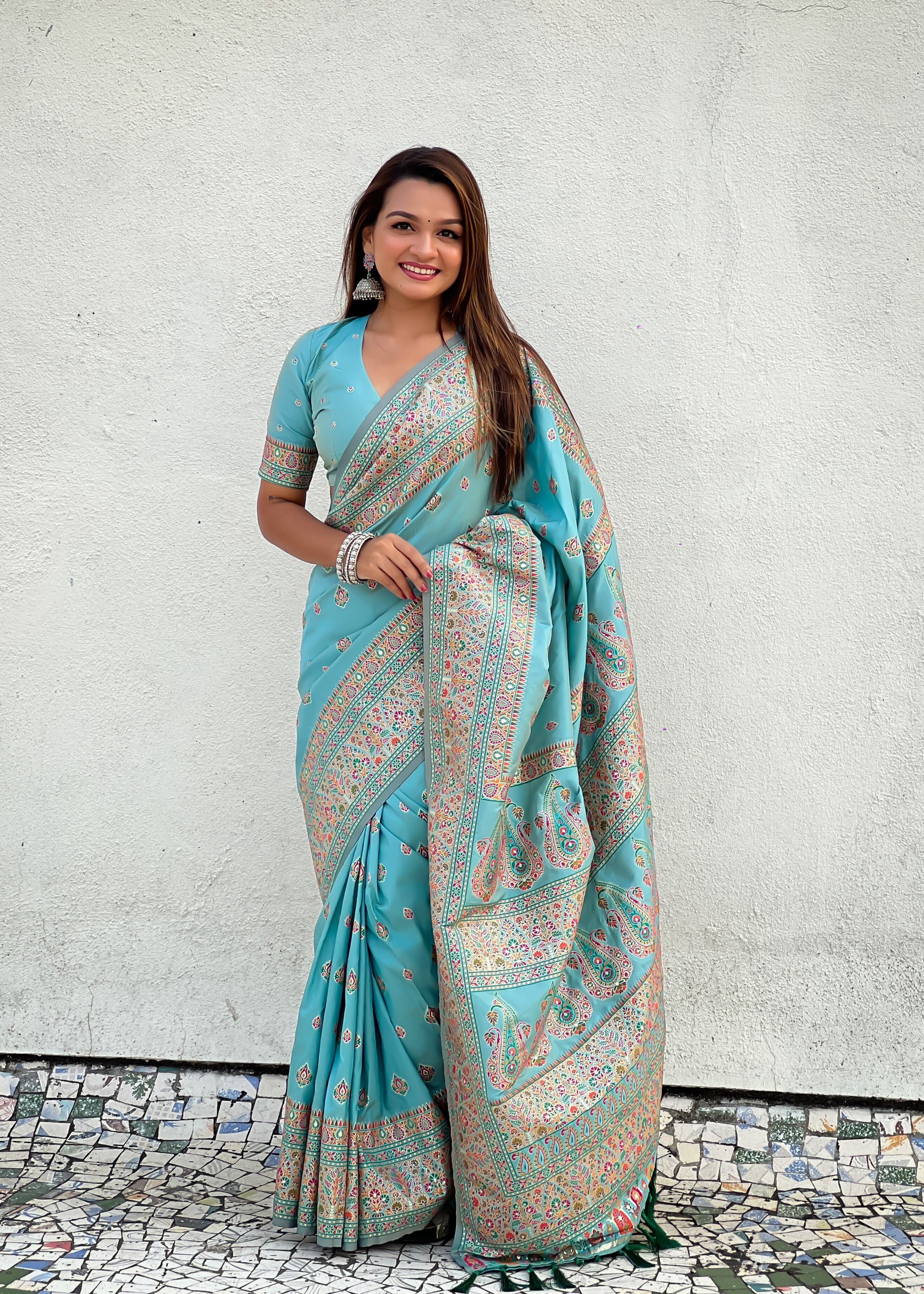 Sky Blue Silk Blend Saree With Meenakari Kashmiri woven Work