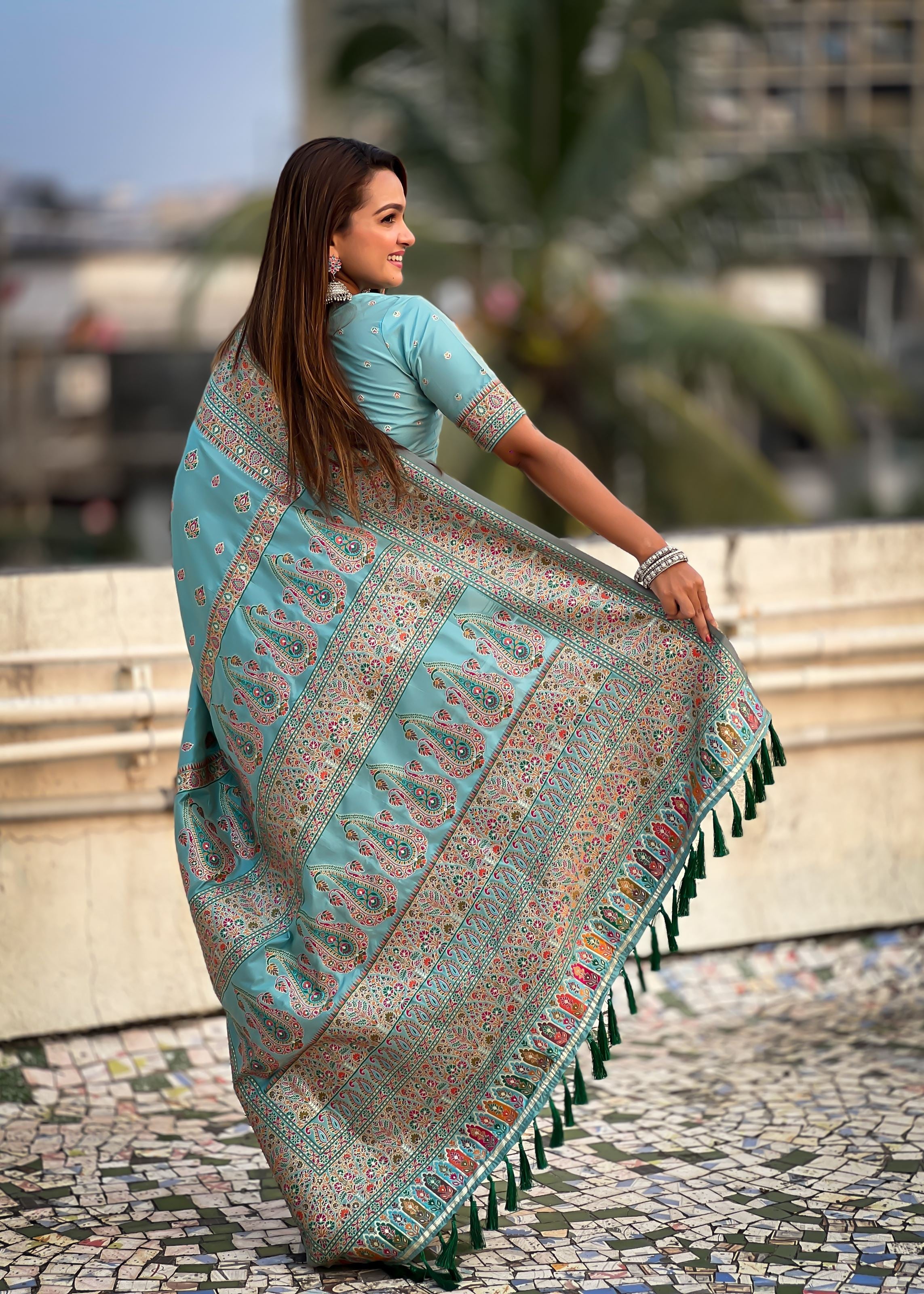 Sky Blue Silk Blend Saree With Meenakari Kashmiri woven Work
